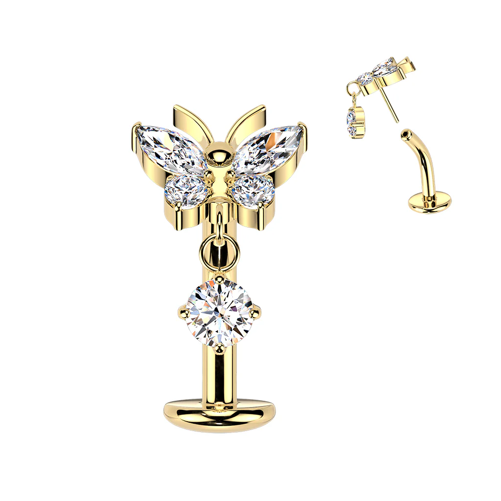 Clear CZ Gem Implant Grade Titanium Butterfly Threadless Dangle Floating Belly Ring - Image 3