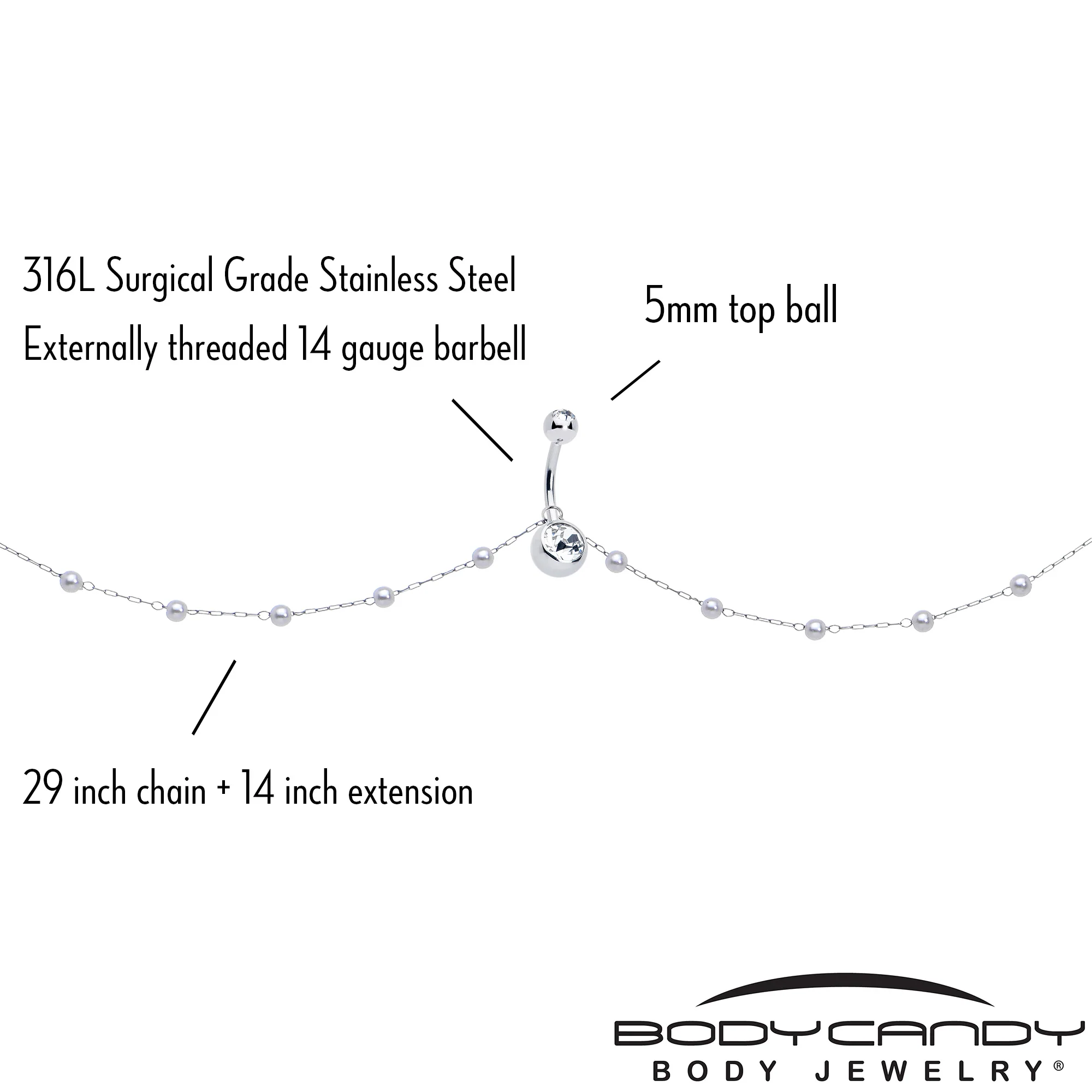 Clear CZ Gem Innocent Glam Faux Pearl Belly Ring Belly Chain - Image 4