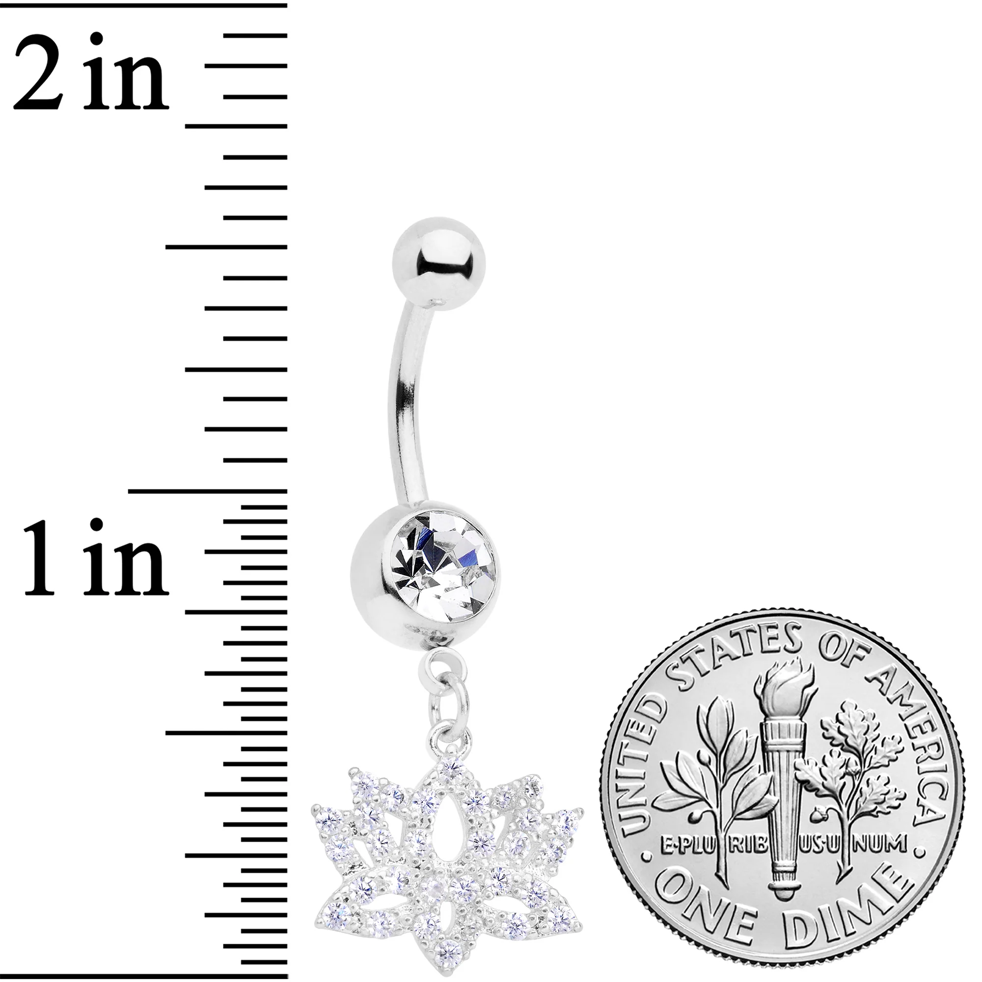 Clear CZ Gem Lotus Flower Dangle Belly Ring - Image 2
