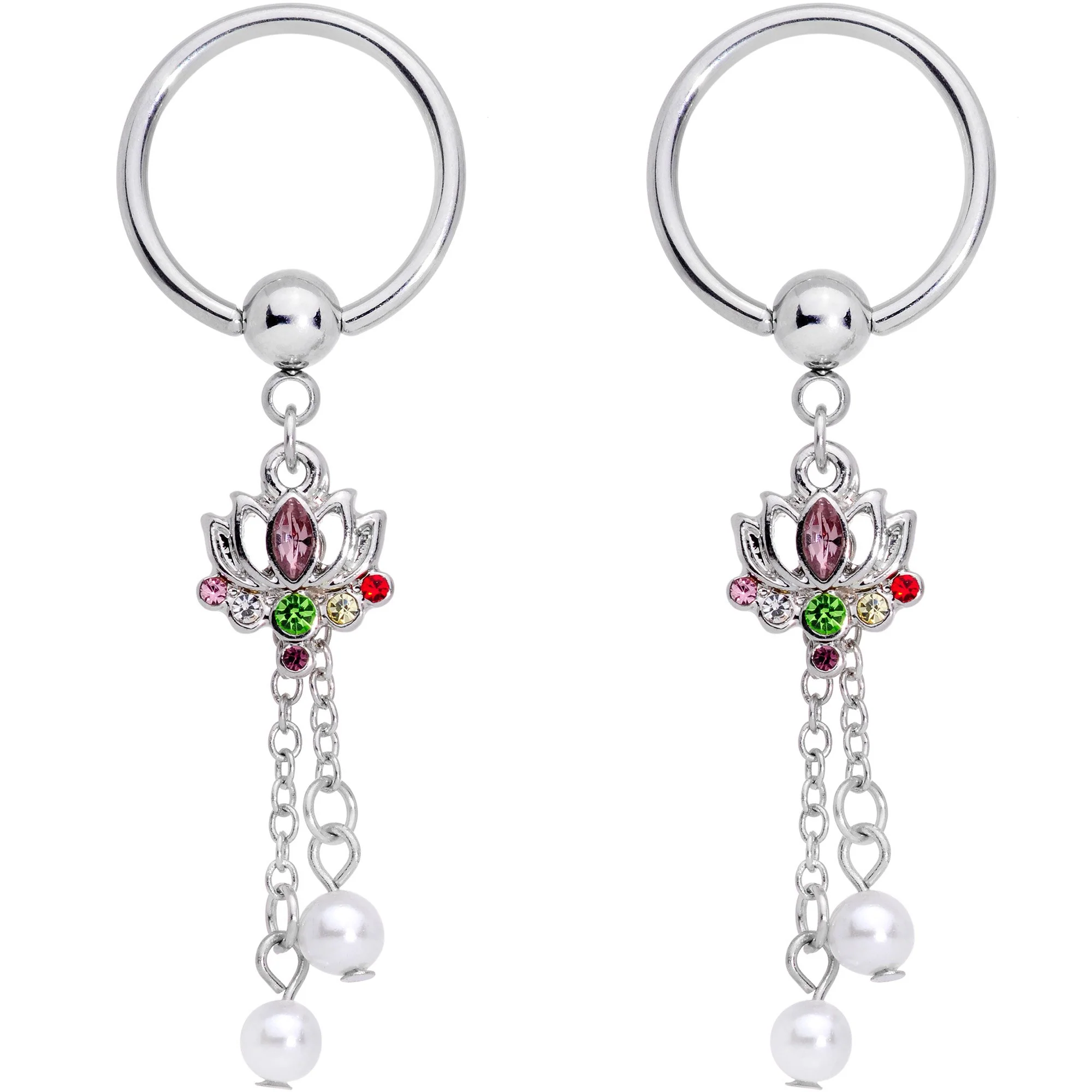 14G Clear CZ Gem Lotus Flower Queen Captive Ring Barbell Nipple Ring Set - Image 2