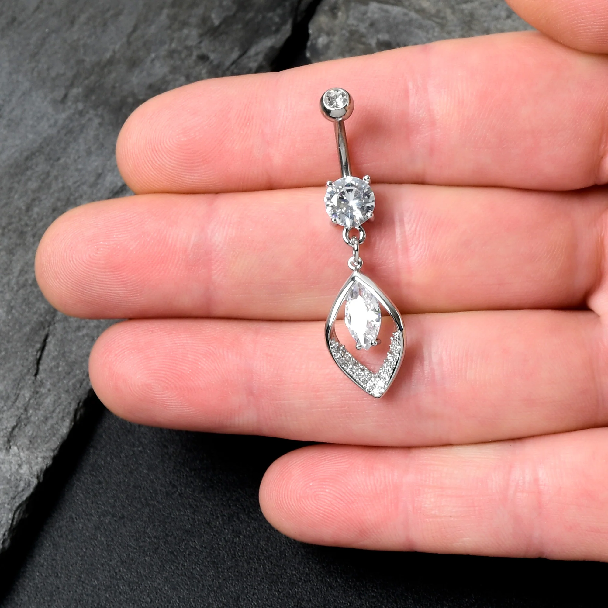 Clear CZ Gem Lush Leaf Dangle Belly Ring - Image 2
