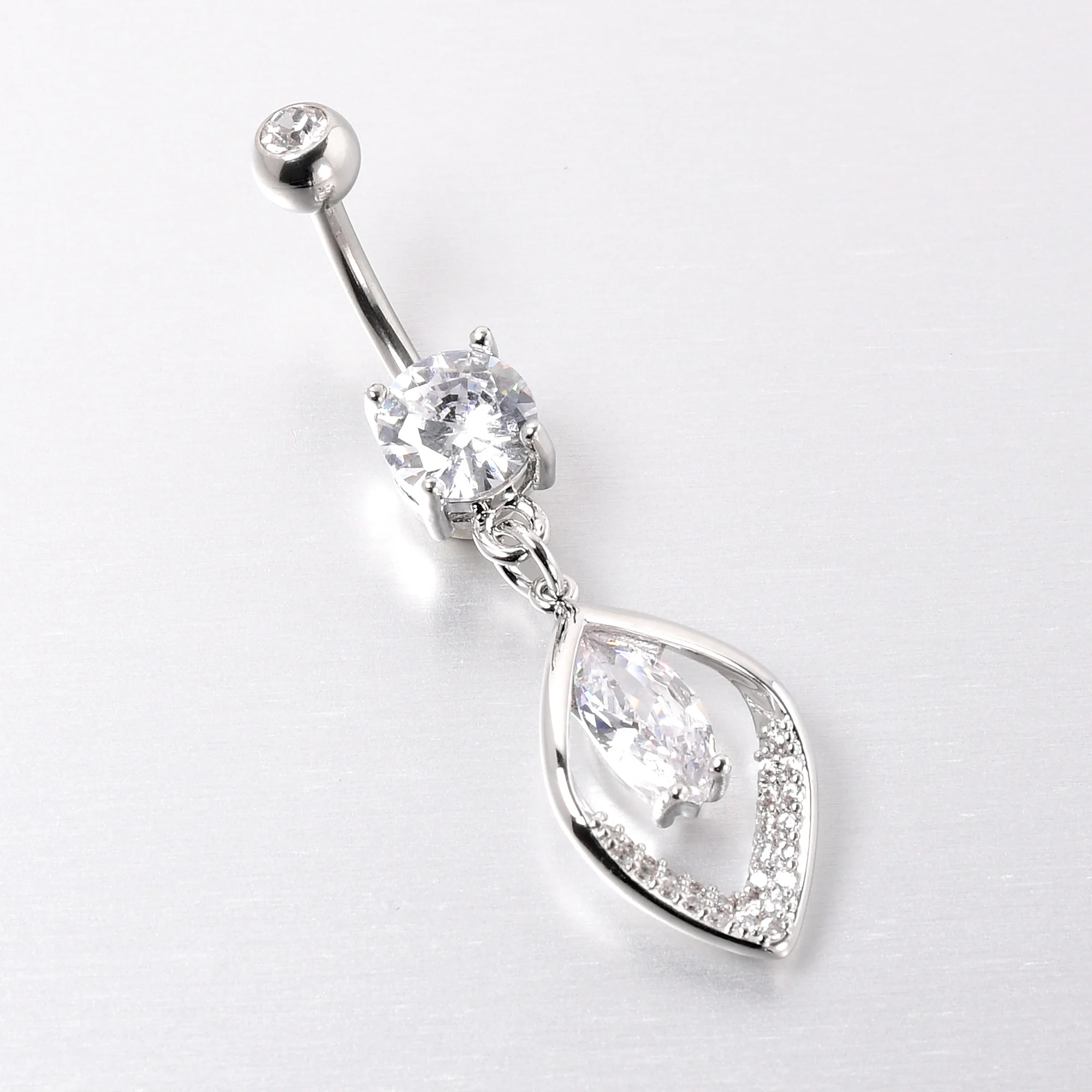 Clear CZ Gem Lush Leaf Dangle Belly Ring - Image 3