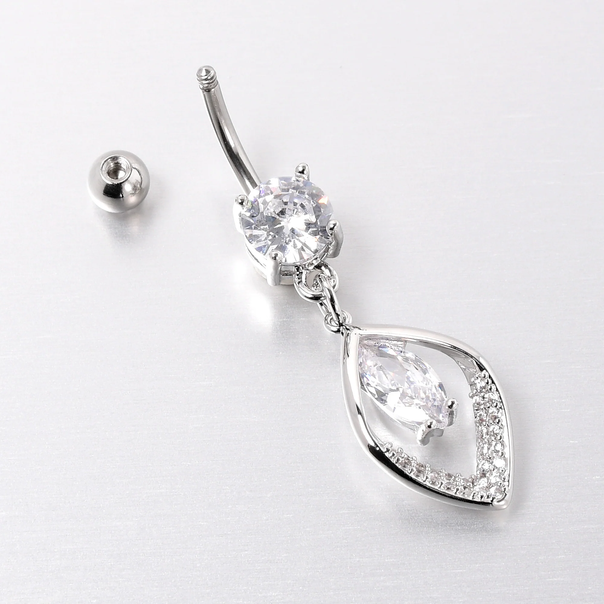 Clear CZ Gem Lush Leaf Dangle Belly Ring - Image 4