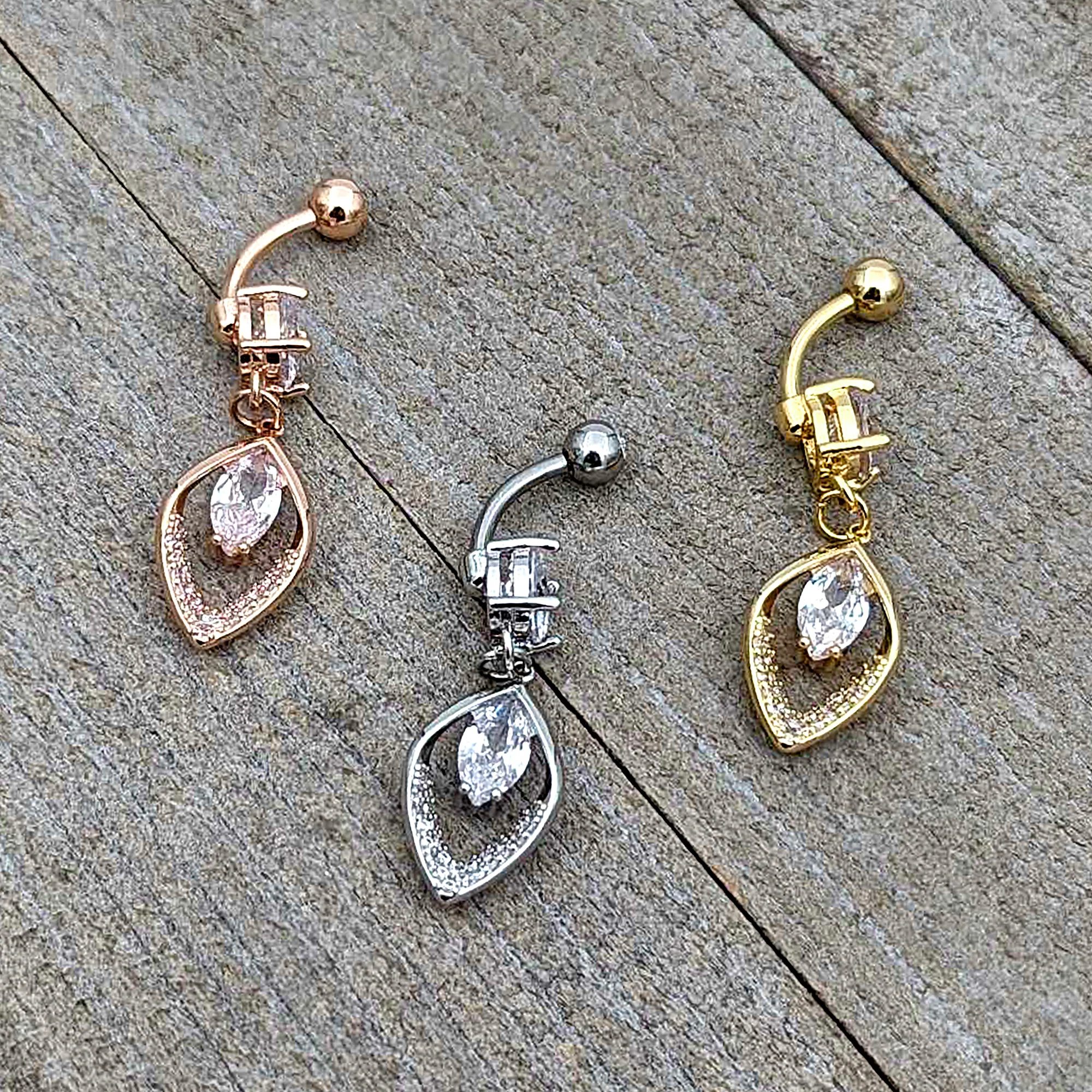 Clear CZ Gem Lush Leaf Dangle Belly Ring - Image 7