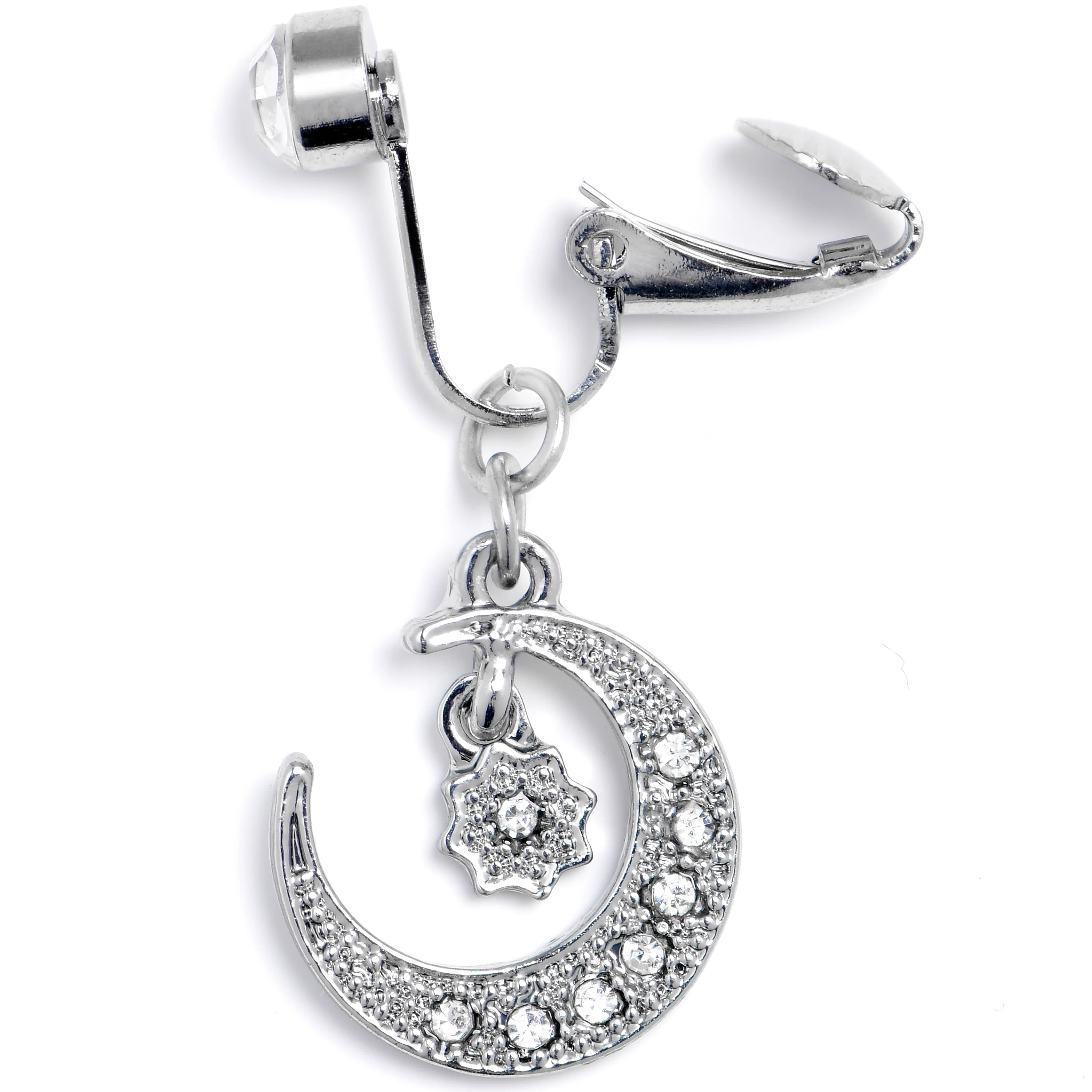 Clear CZ Gem Moon and Star Dangle Clip on Fake Belly Ring - Image 2