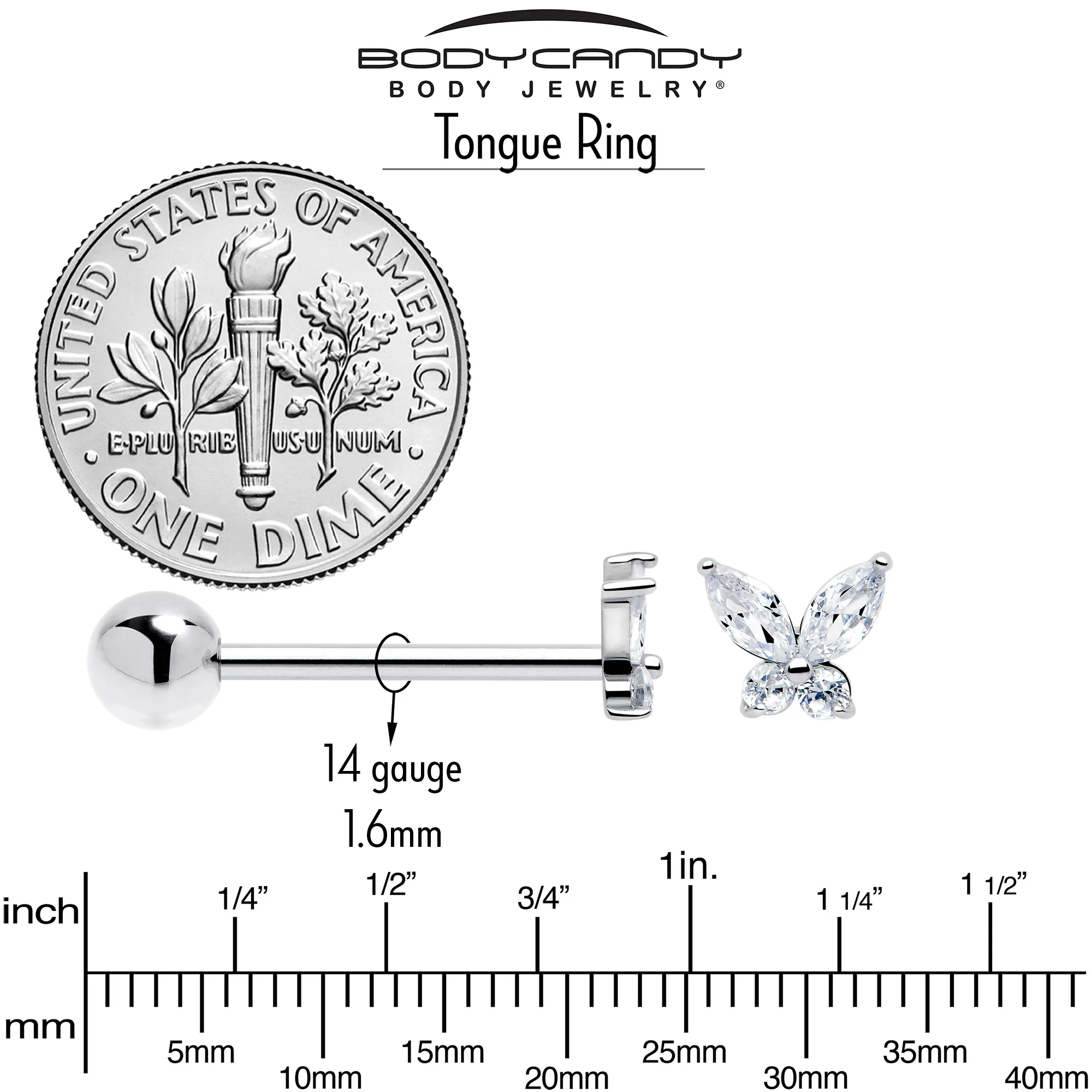 Clear CZ Gem Open Wing Butterfly Barbell Tongue Ring - Image 5