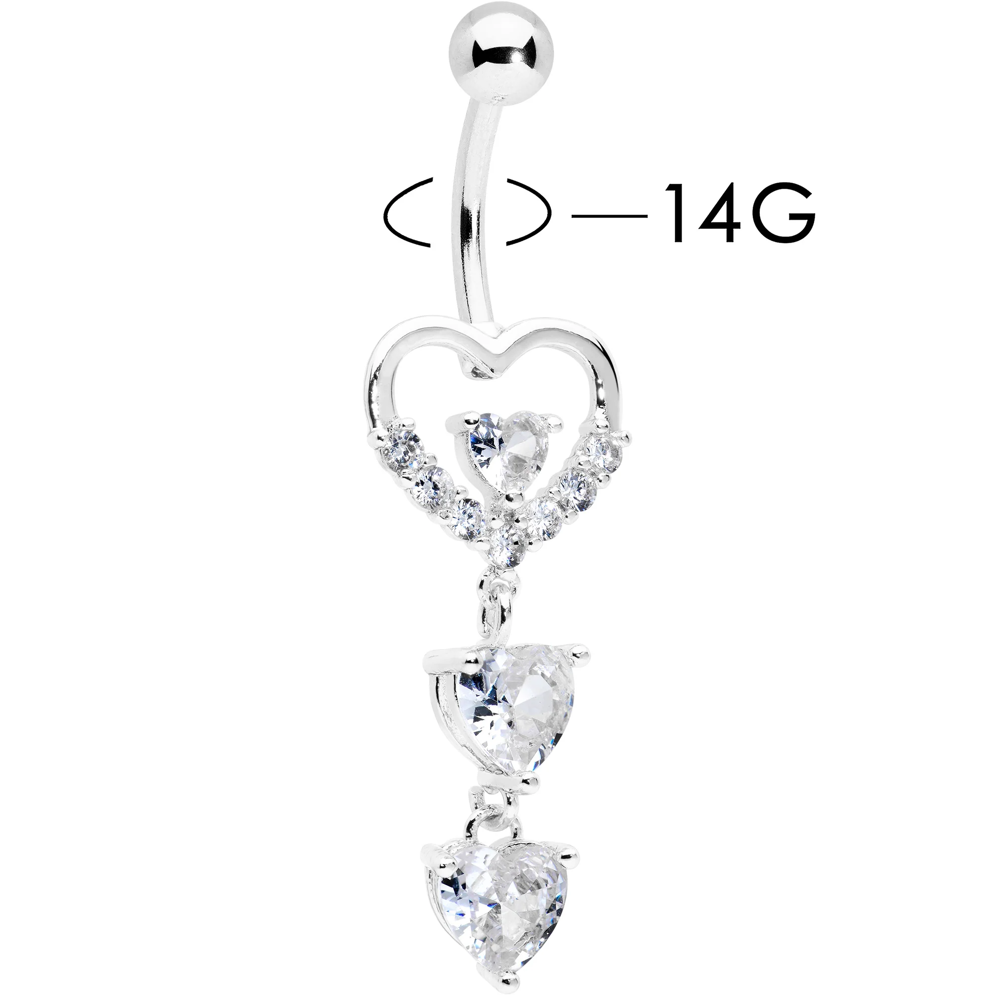 Clear CZ Gem Opulent Heart Quartet Dangle Belly Ring - Image 2