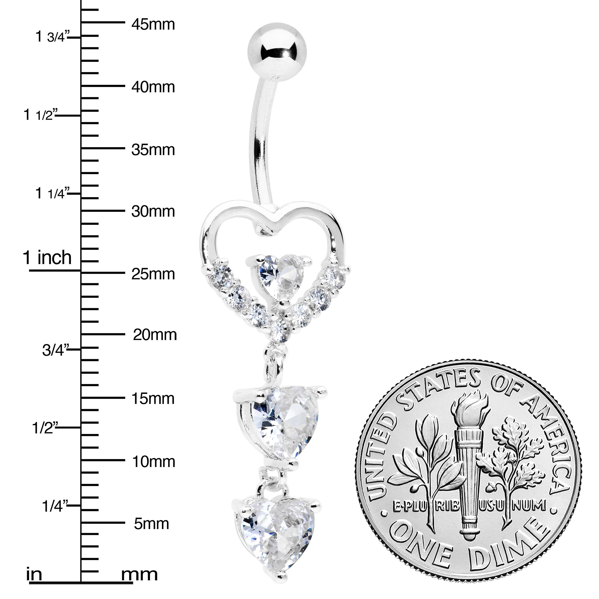 Clear CZ Gem Opulent Heart Quartet Dangle Belly Ring - Image 3