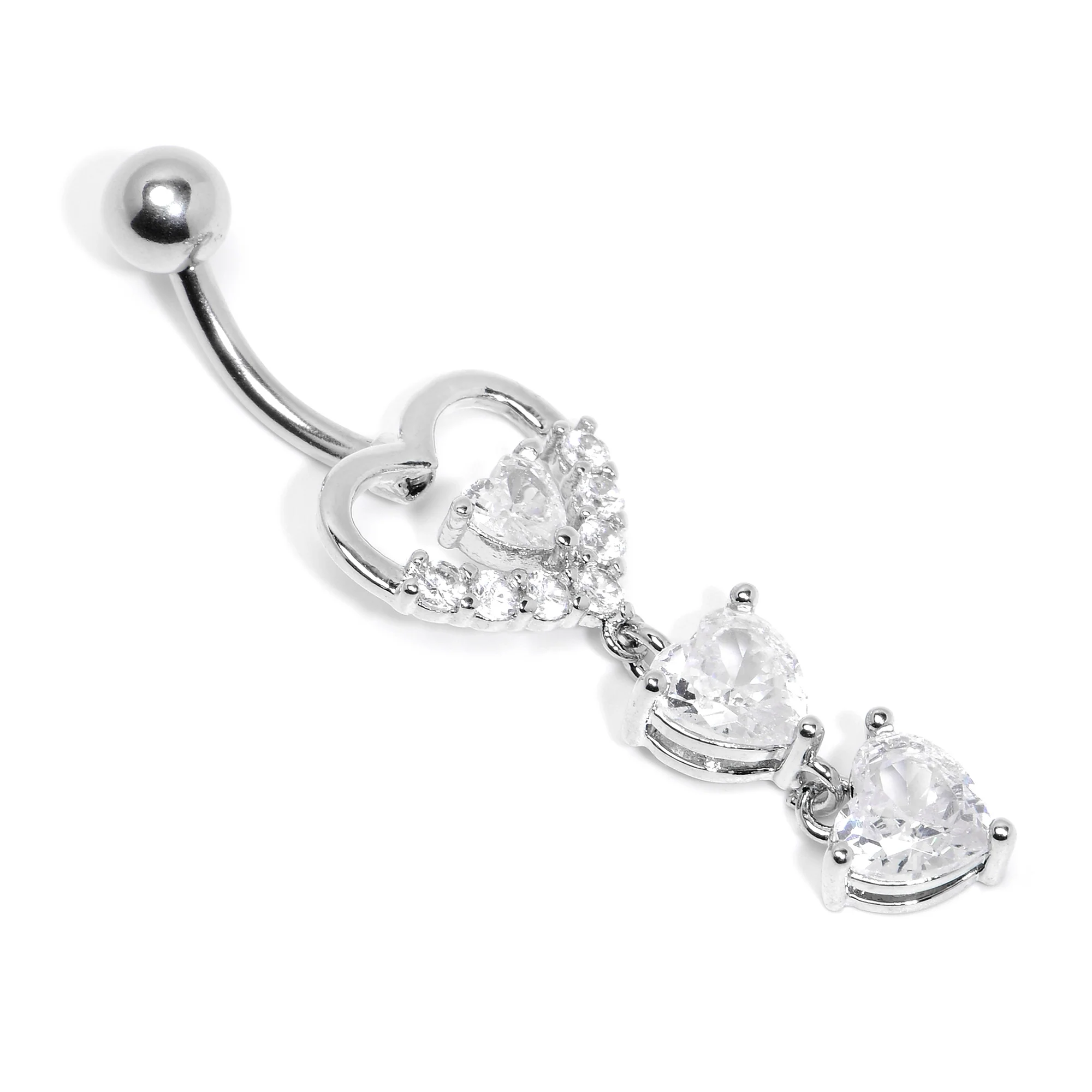 Clear CZ Gem Opulent Heart Quartet Dangle Belly Ring - Image 4