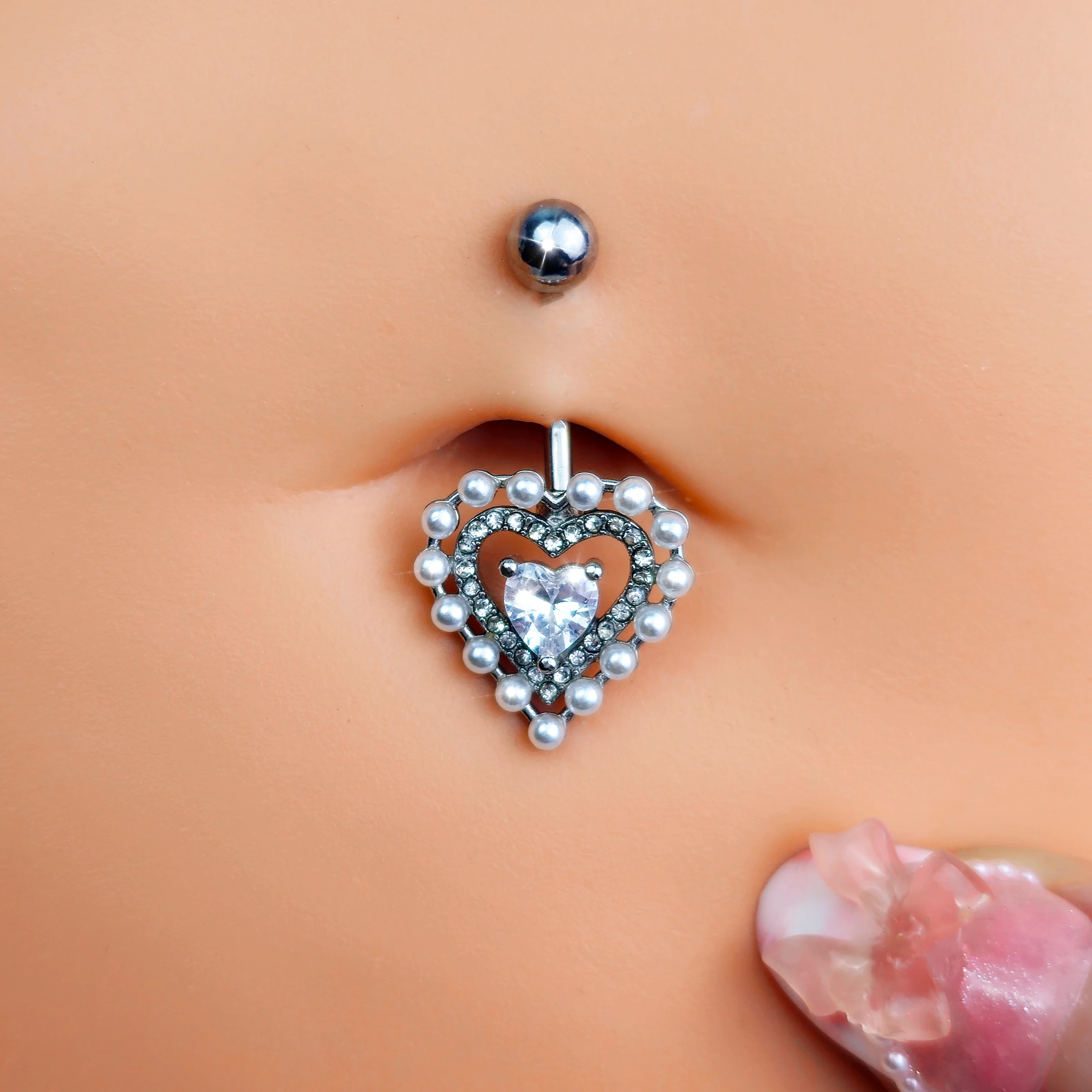 Clear CZ Gem Pearl Heart Belly Ring - Image 2