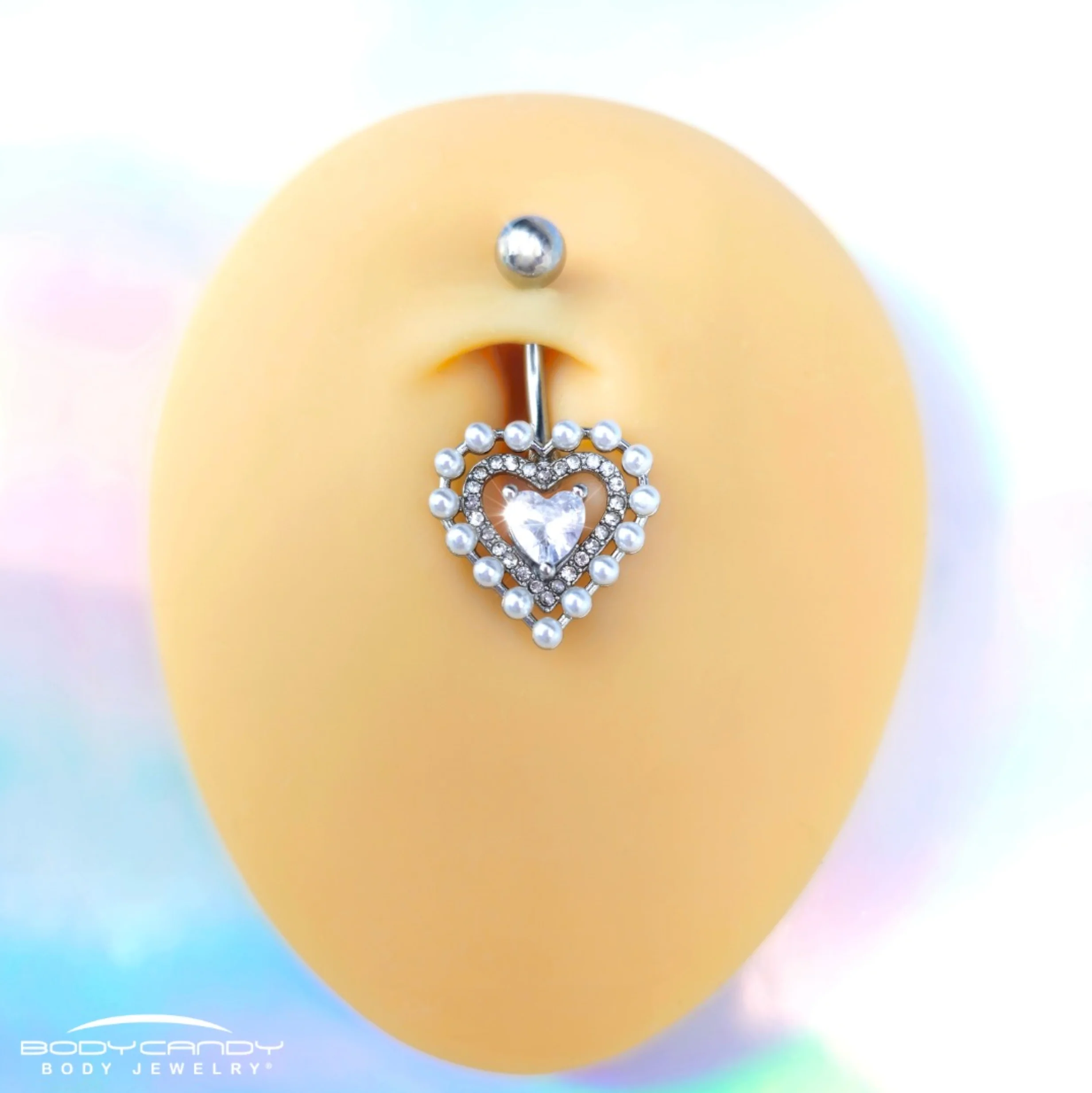Clear CZ Gem Pearl Heart Belly Ring - Image 3