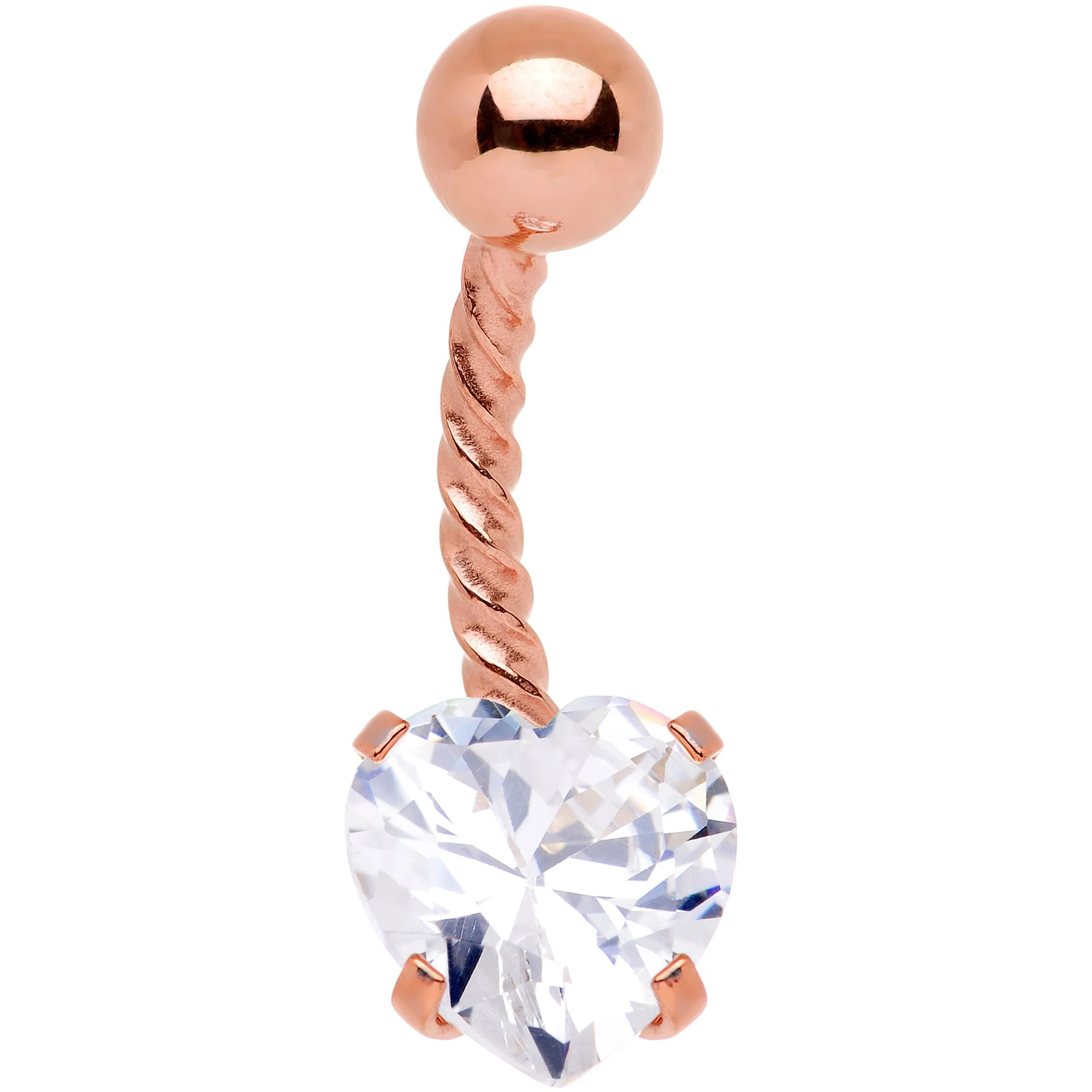 Clear CZ Gem Rose Gold IP Valentine Heart Seriously Twisted Belly Ring
