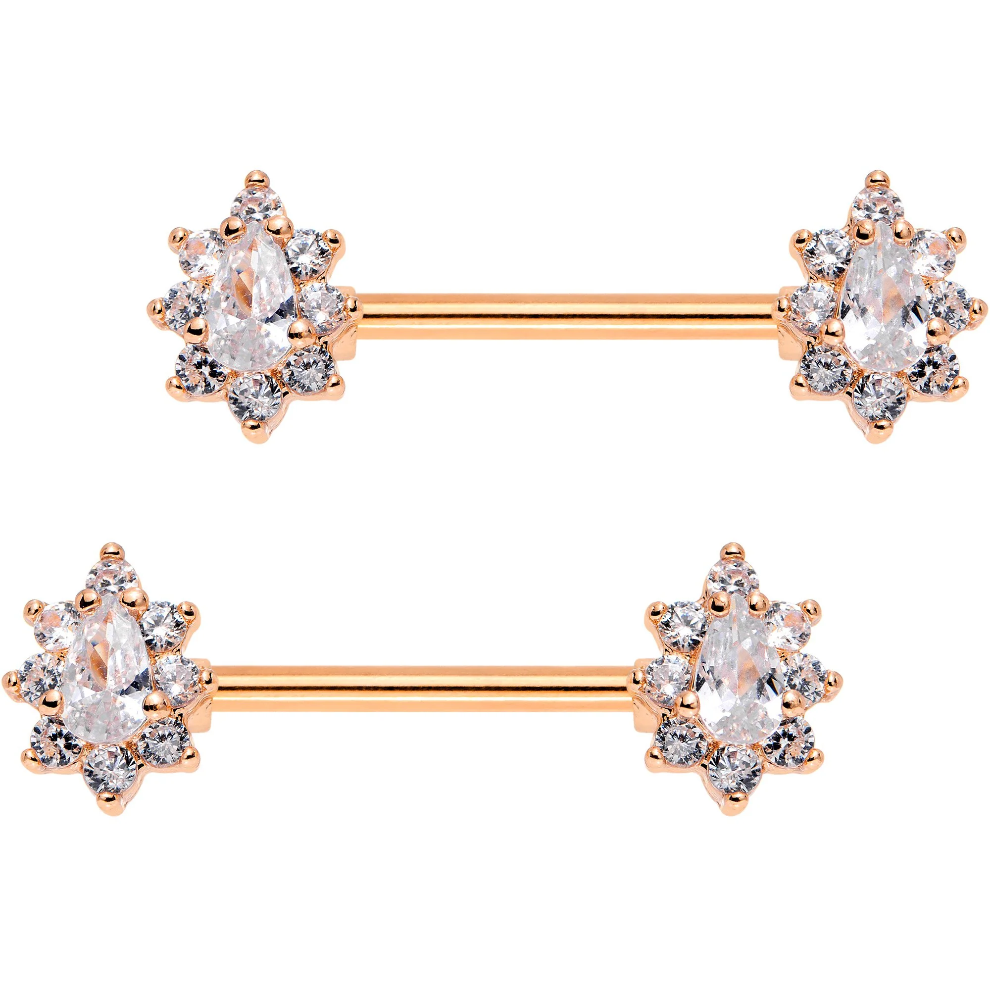 Clear CZ Gem Rose Gold Plated Teardrop Star Barbell Nipple Ring Set