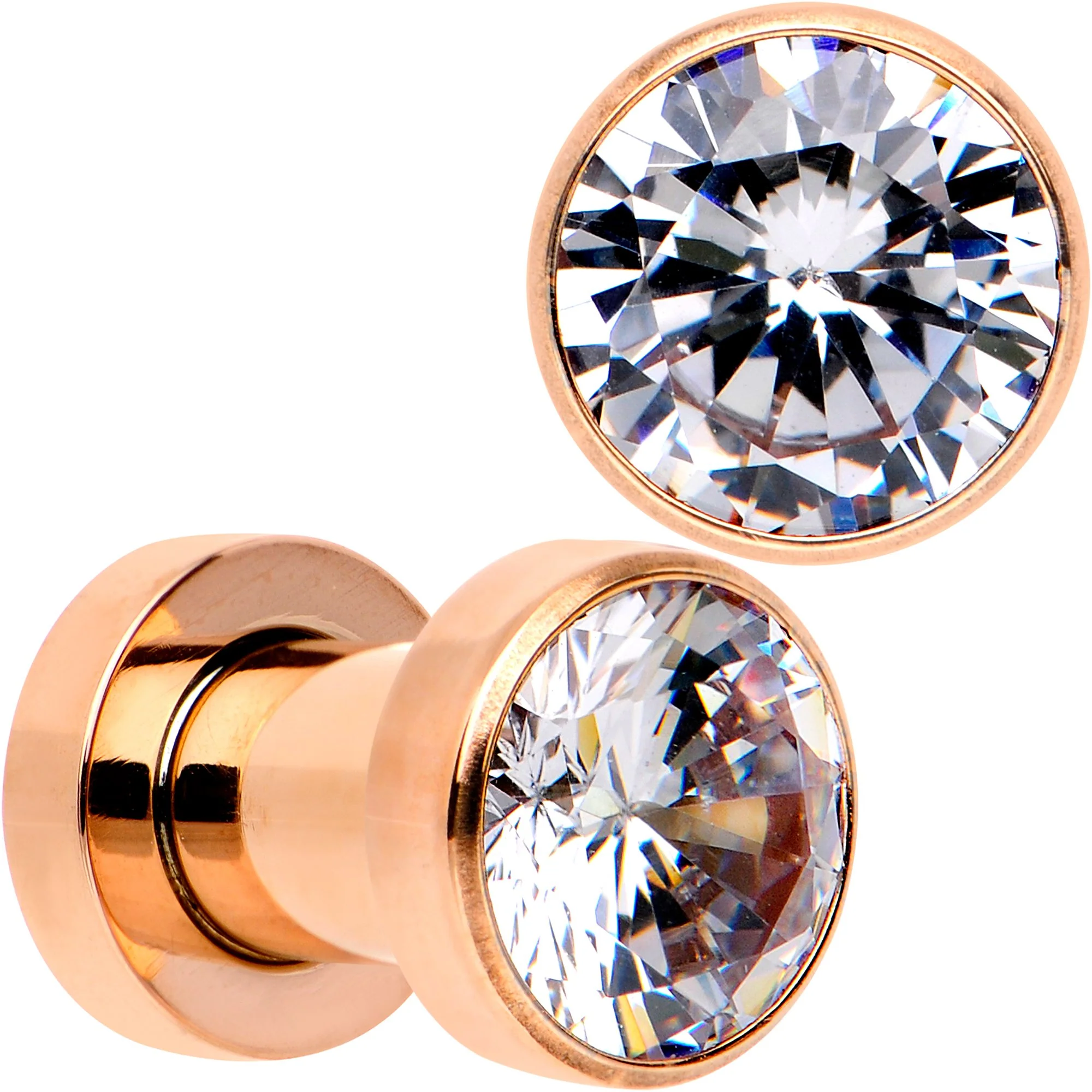 Clear CZ Gem Rose Gold PVD Glitzy Screw Fit Tunnel Plug Set - Image 10
