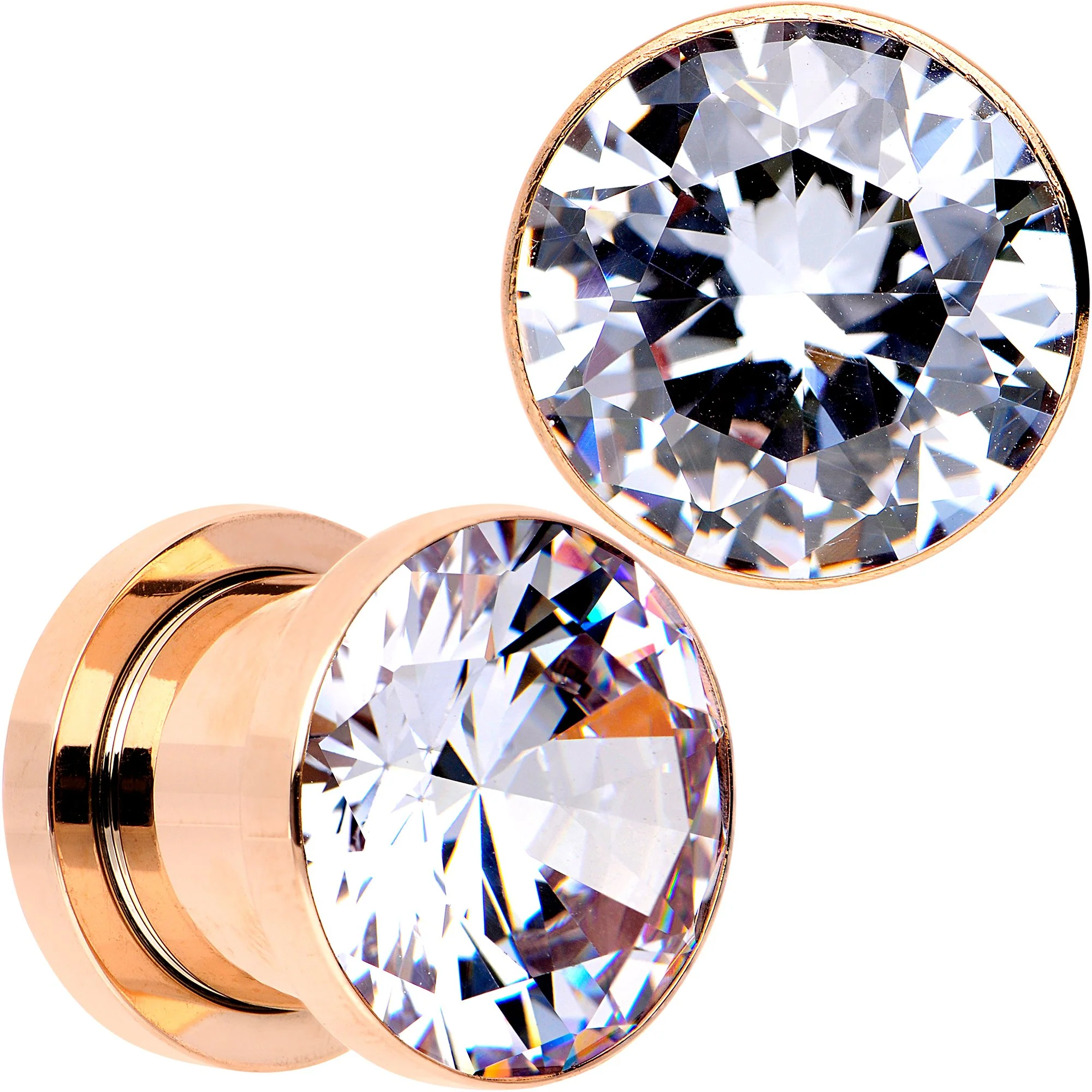 Clear CZ Gem Rose Gold PVD Glitzy Screw Fit Tunnel Plug Set - Image 12