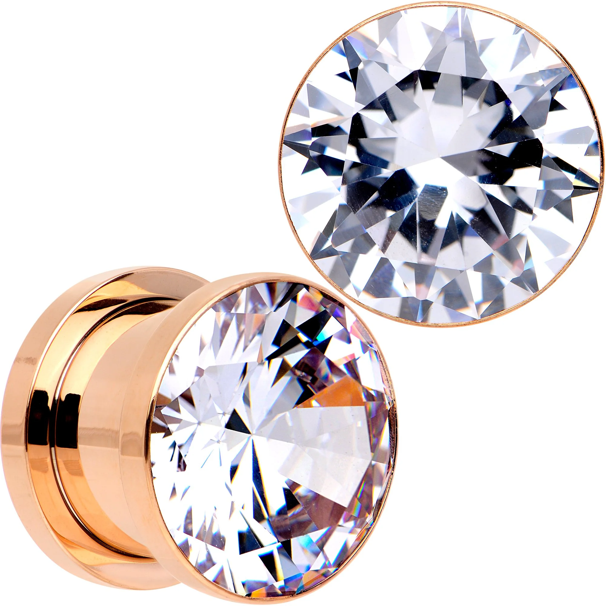 Clear CZ Gem Rose Gold PVD Glitzy Screw Fit Tunnel Plug Set - Image 13