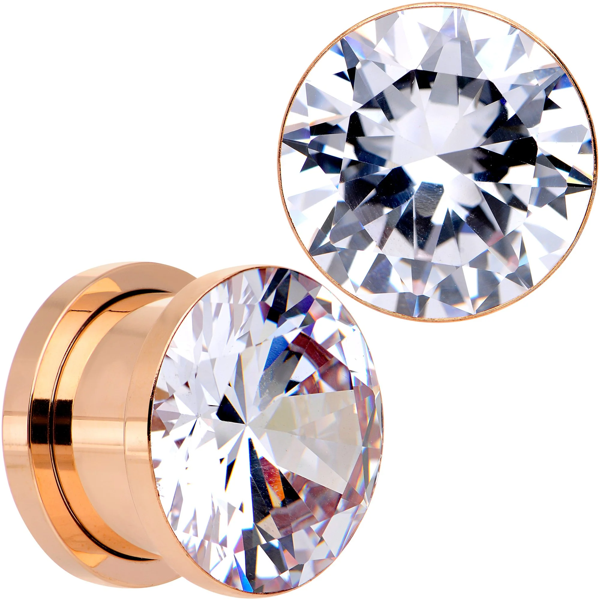 Clear CZ Gem Rose Gold PVD Glitzy Screw Fit Tunnel Plug Set - Image 14