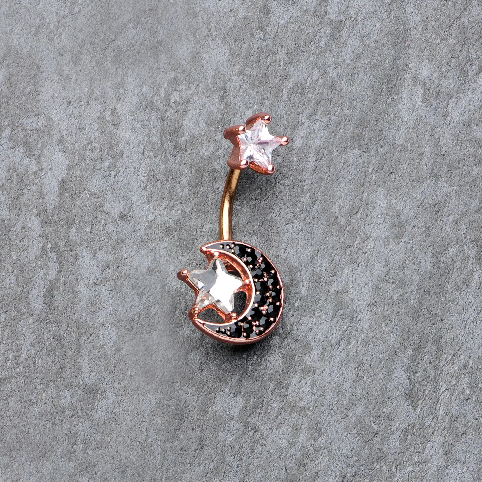 Clear CZ Gem Rose Gold Tone Black Moon Double Mount Belly Ring - Image 2