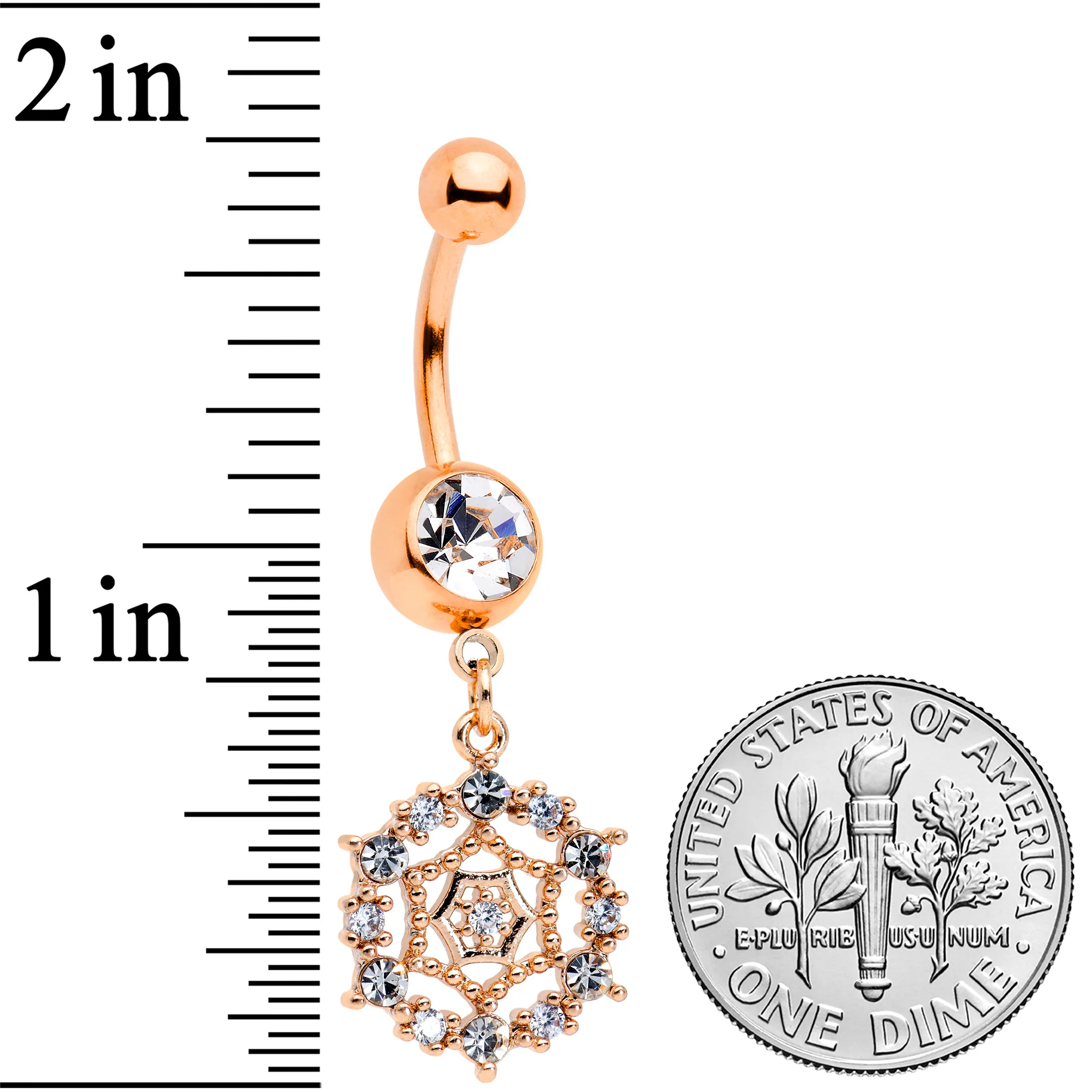 Clear CZ Gem Rose Gold Tone Geometric Web Dangle Belly Ring - Image 2