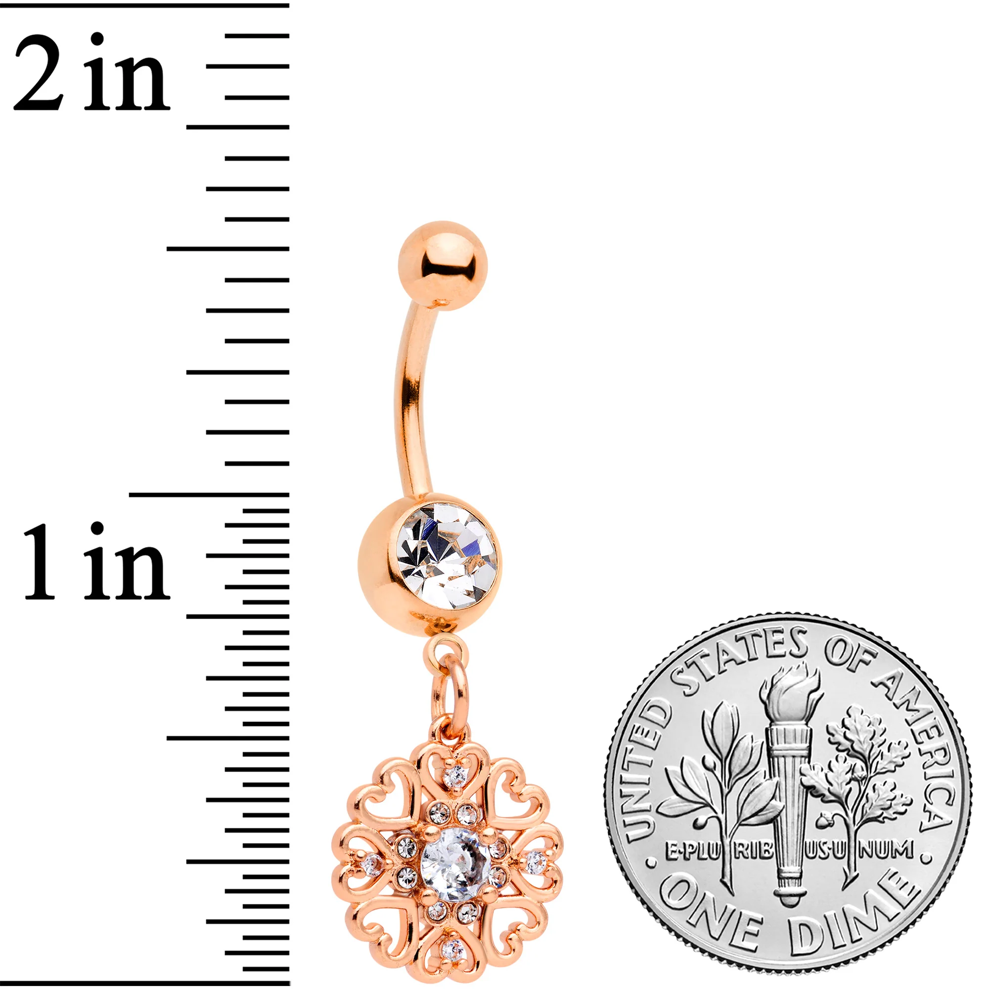 Clear CZ Gem Rose Gold Tone Hearts Dangle Belly Ring - Image 4