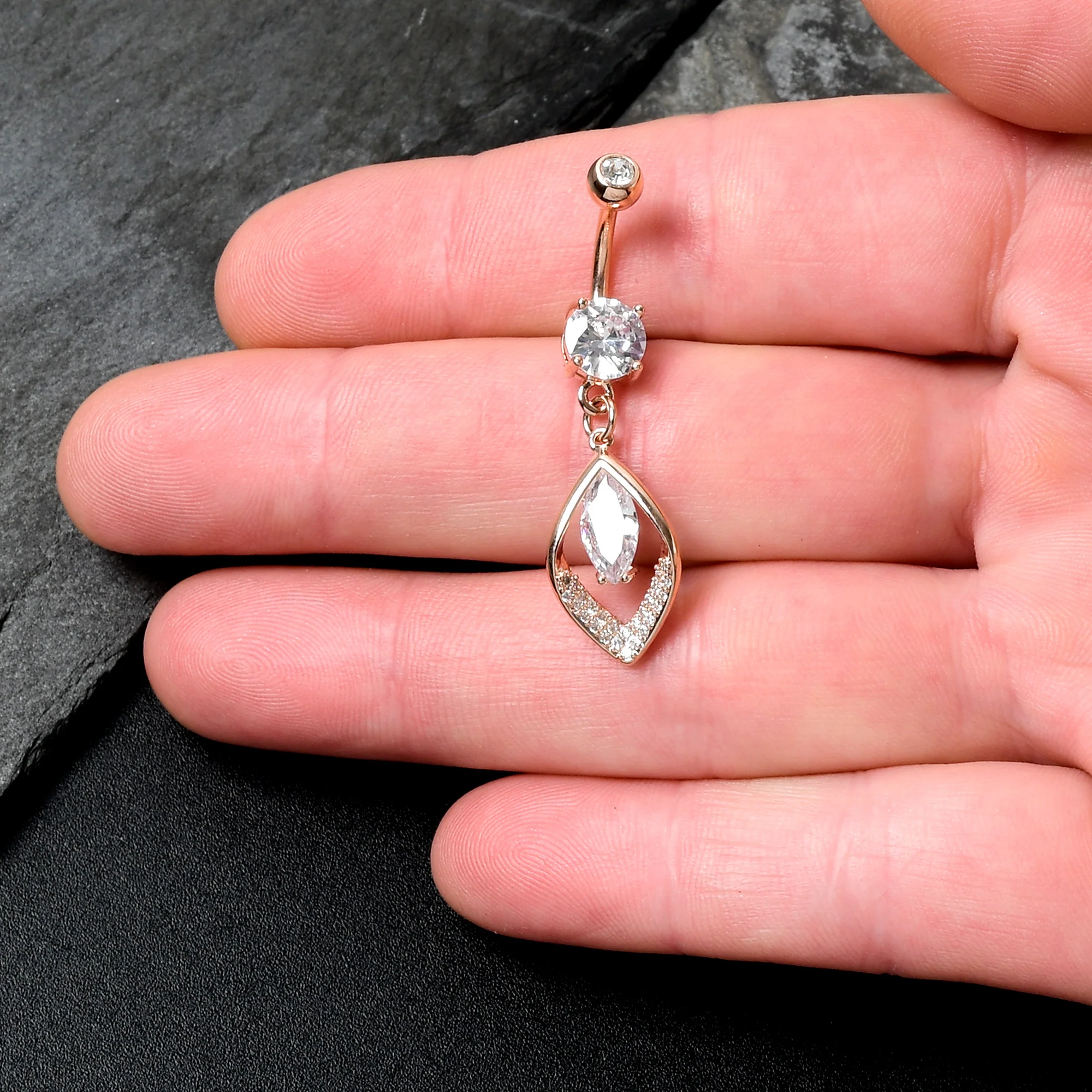 Clear CZ Gem Rose Gold Tone Lush Leaf Dangle Belly Ring - Image 2