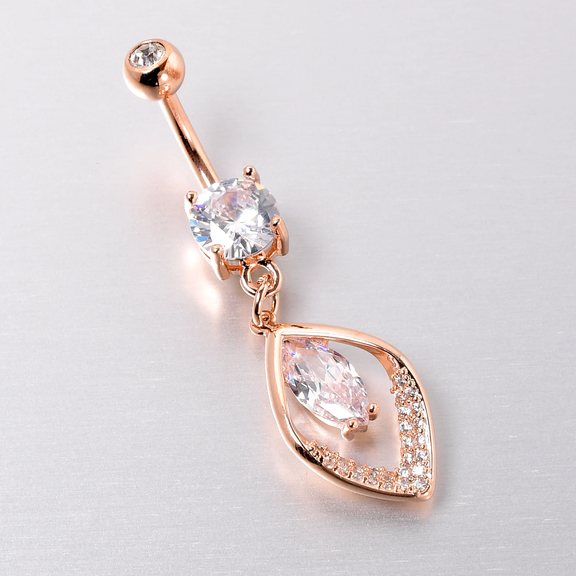 Clear CZ Gem Rose Gold Tone Lush Leaf Dangle Belly Ring - Image 3