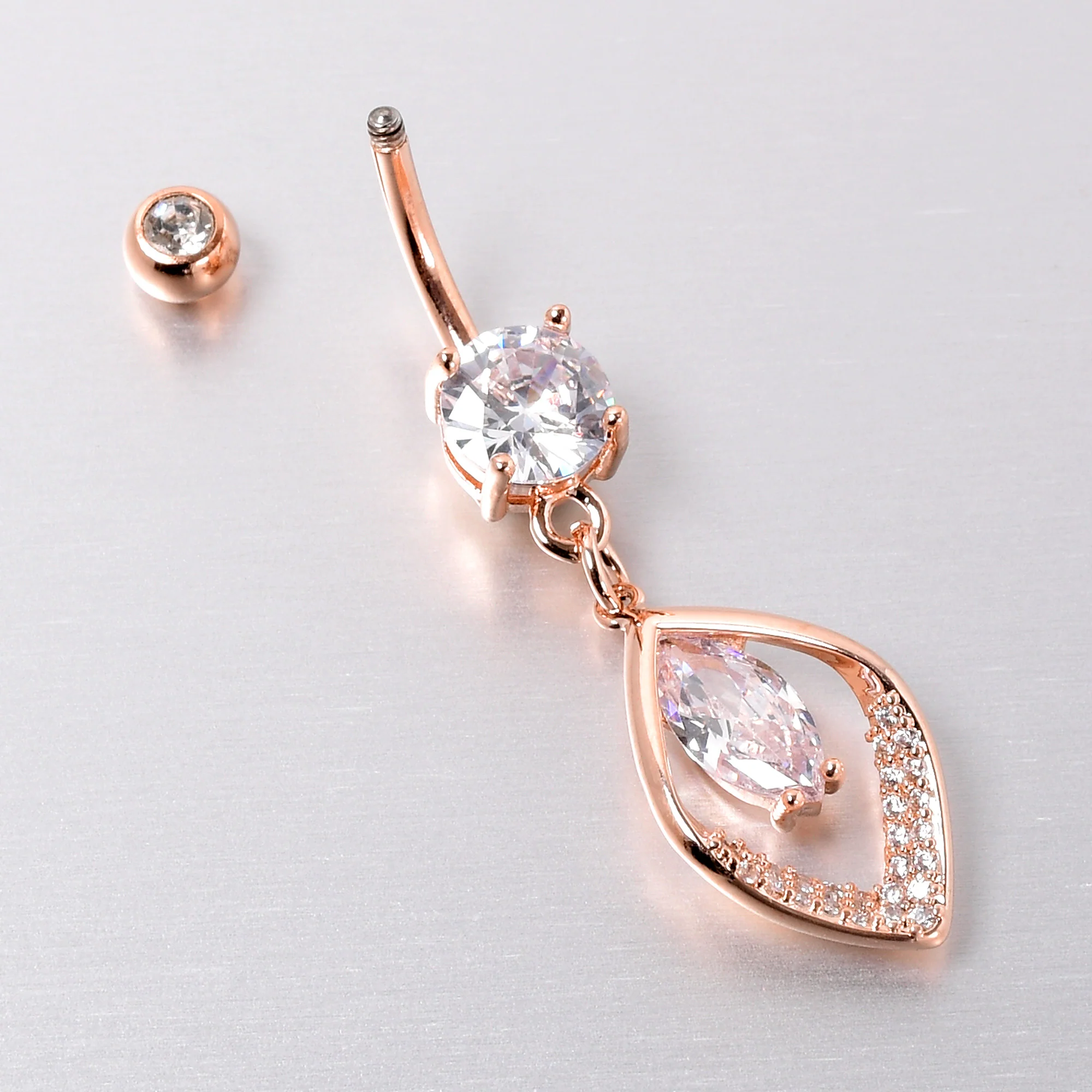 Clear CZ Gem Rose Gold Tone Lush Leaf Dangle Belly Ring - Image 4