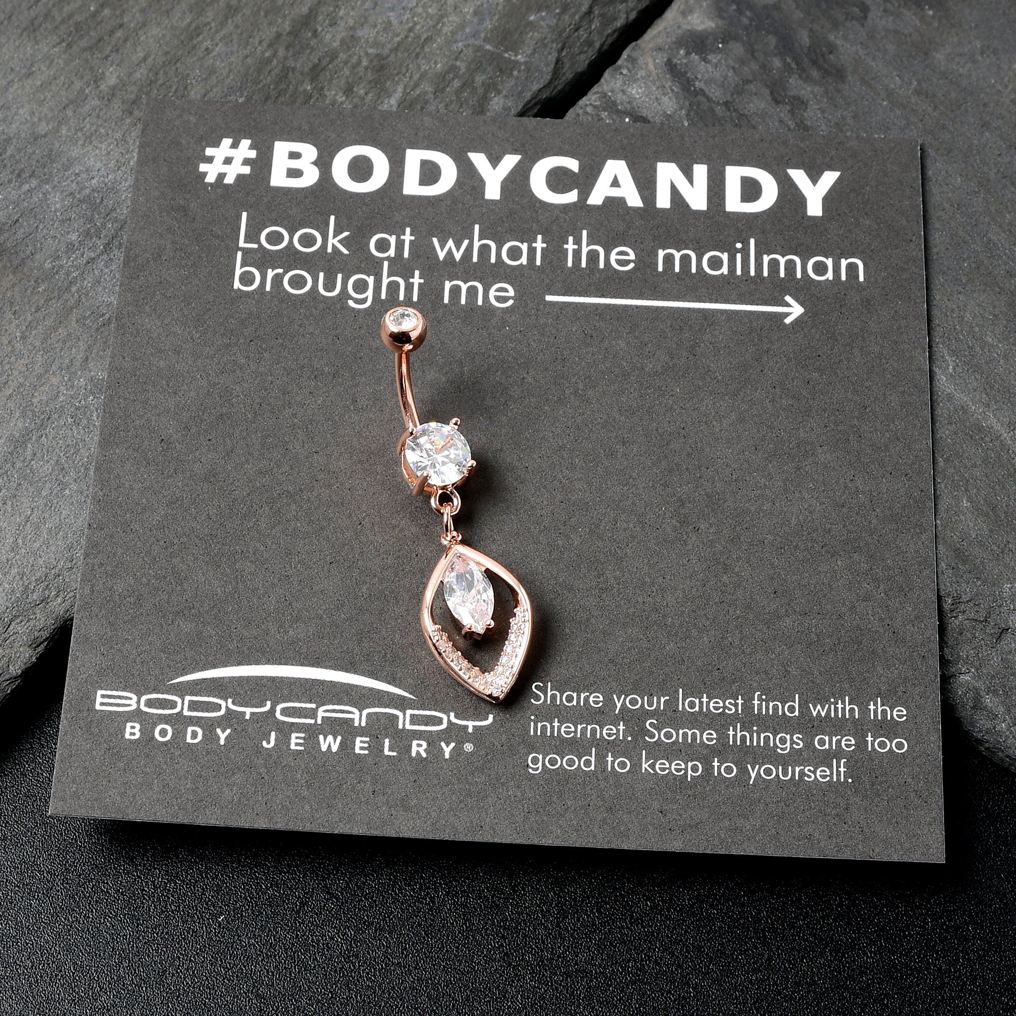 Clear CZ Gem Rose Gold Tone Lush Leaf Dangle Belly Ring - Image 6
