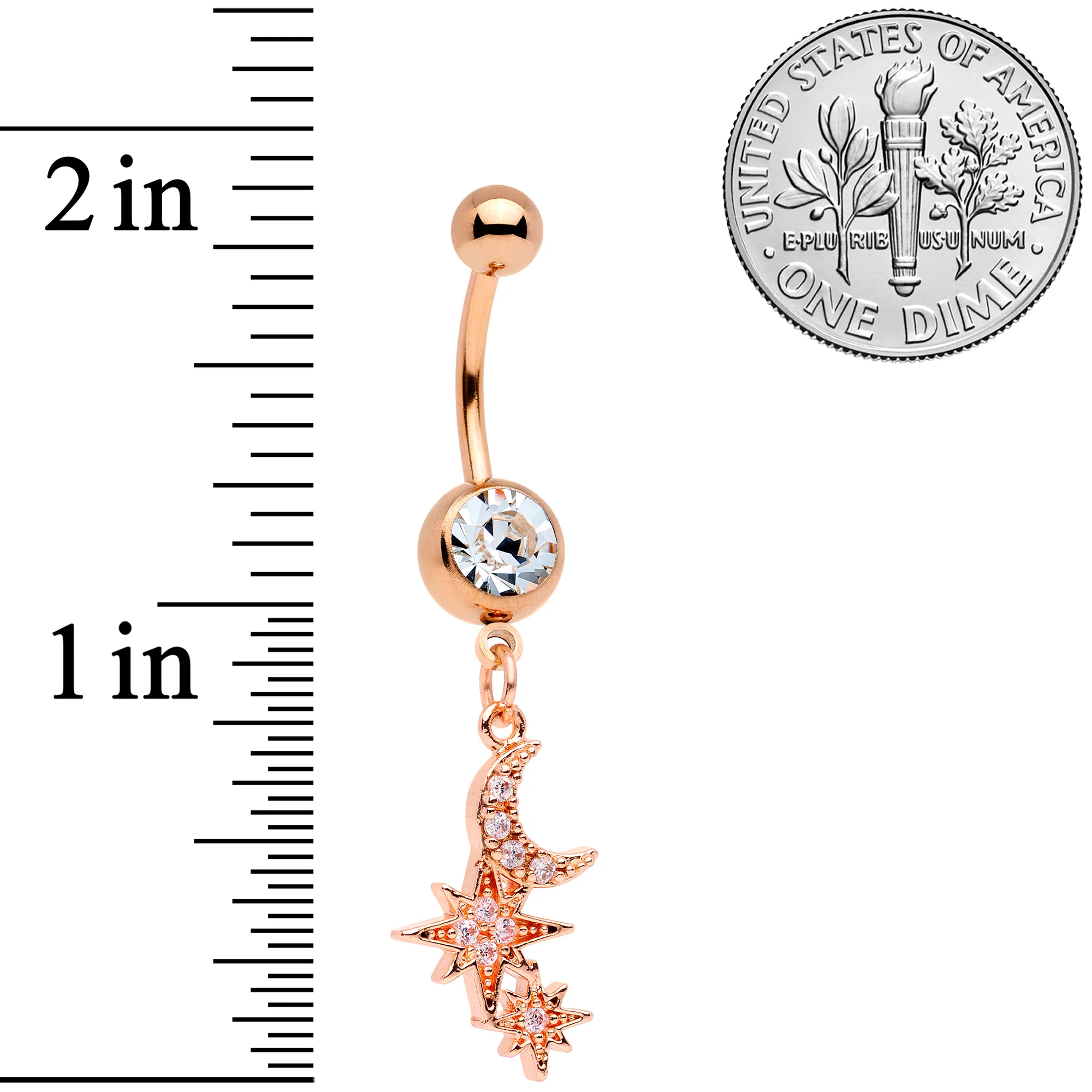 Clear CZ Gem Rose Gold Tone Moon Stars Dangle Belly Ring - Image 6