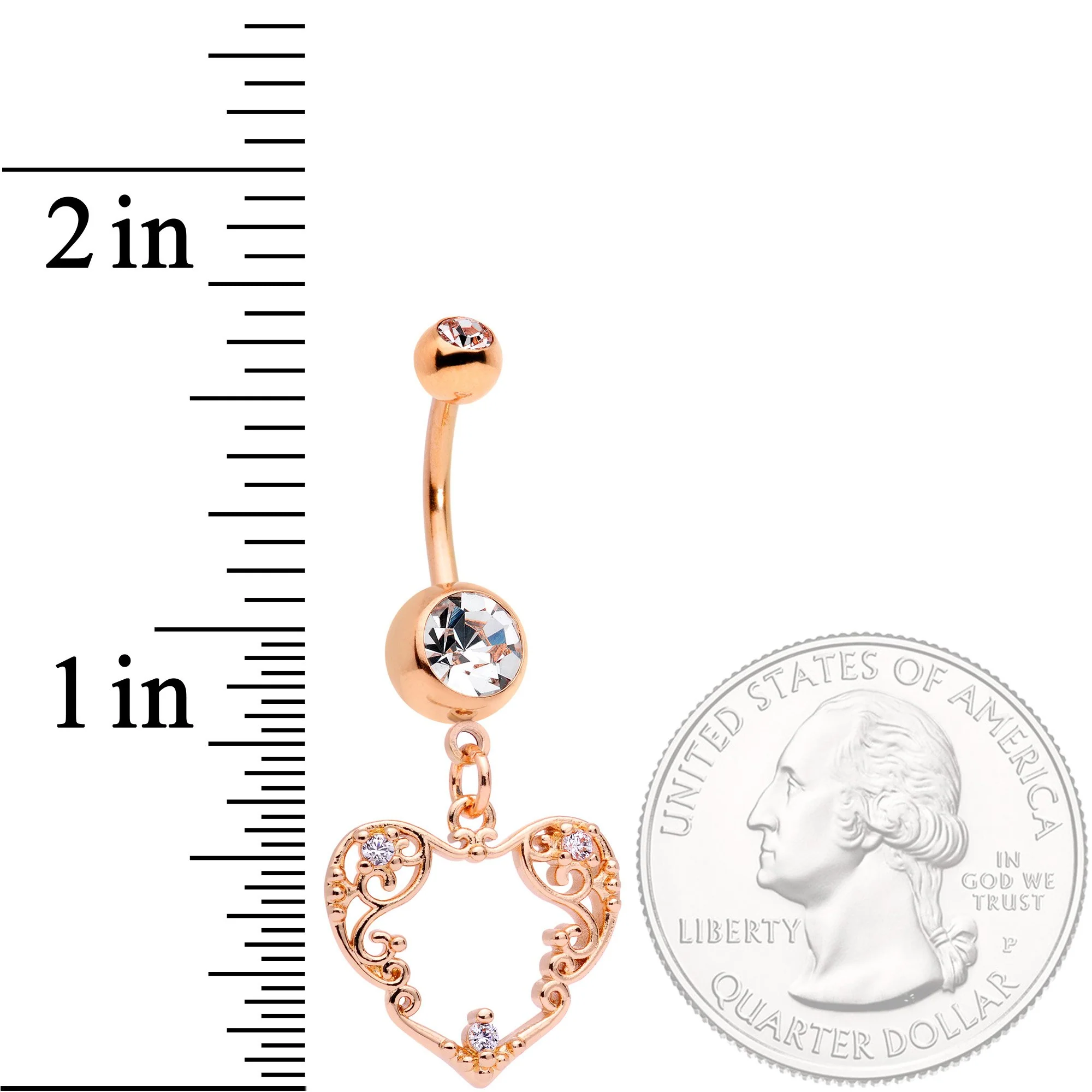 Clear CZ Gem Rose Gold Tone Scrollwork Heart Dangle Belly Ring - Image 2