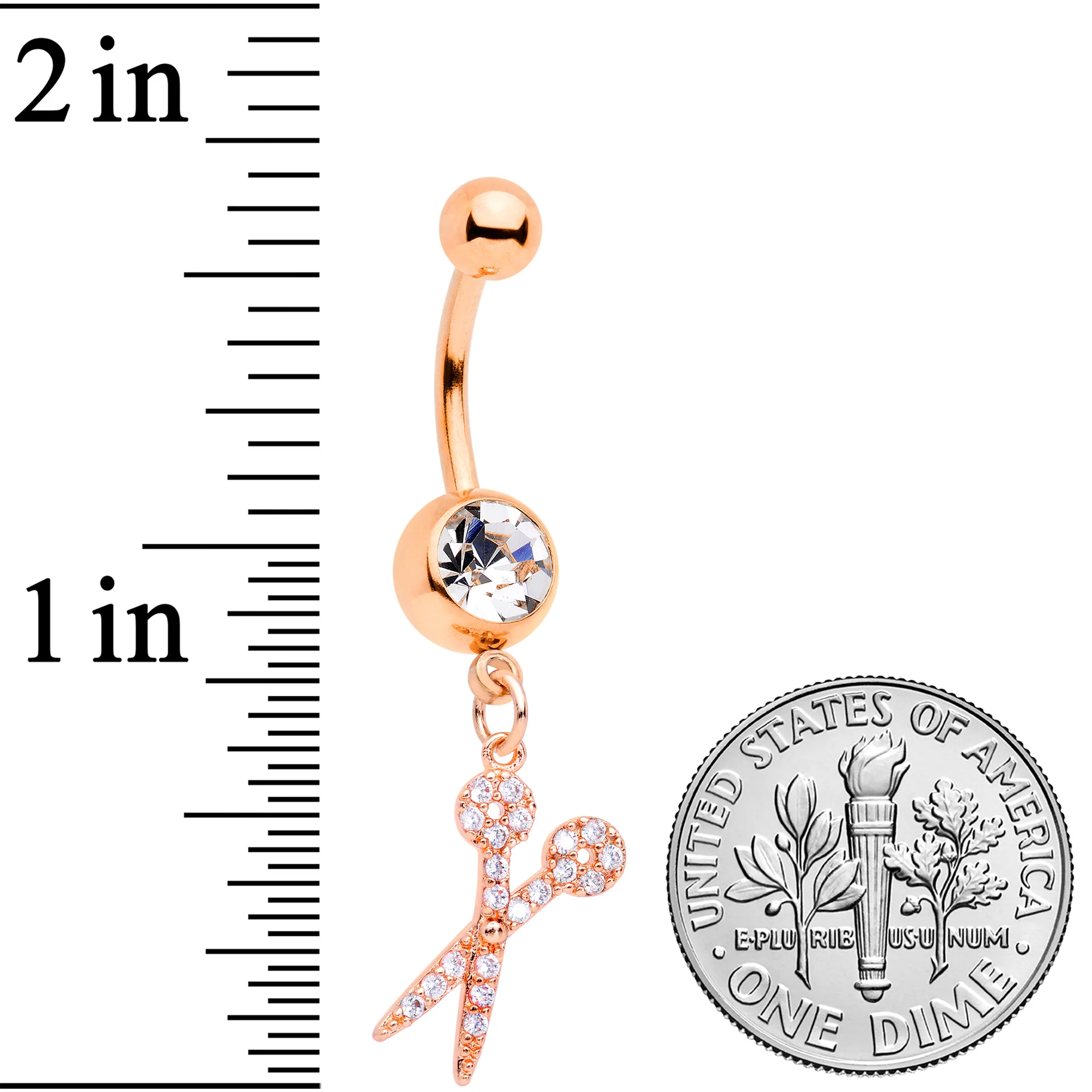 Clear CZ Gem Rose Gold Tone Shear Scissors Dangle Belly Ring - Image 2