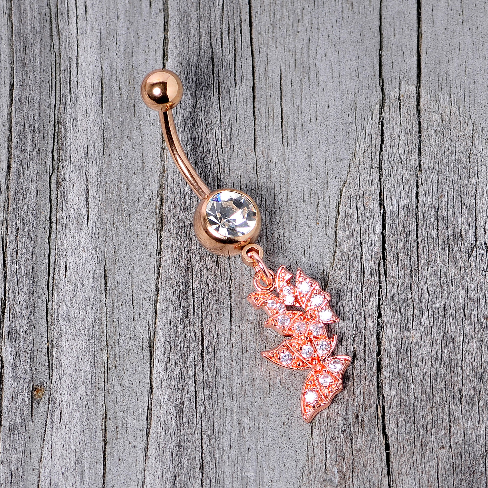 Clear CZ Gem Rose Gold Tone Trio Butterfly Dangle Belly Ring - Image 4