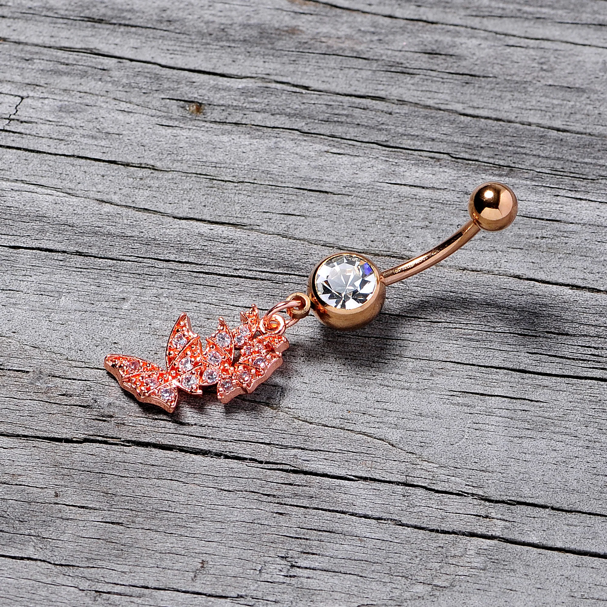 Clear CZ Gem Rose Gold Tone Trio Butterfly Dangle Belly Ring - Image 5