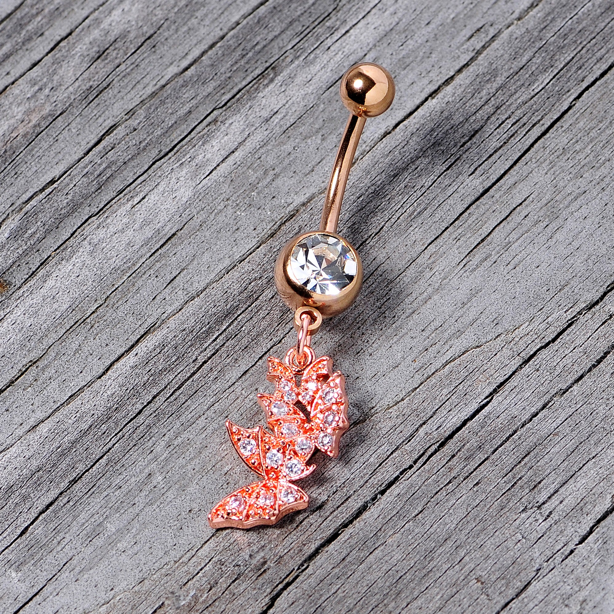 Clear CZ Gem Rose Gold Tone Trio Butterfly Dangle Belly Ring - Image 6