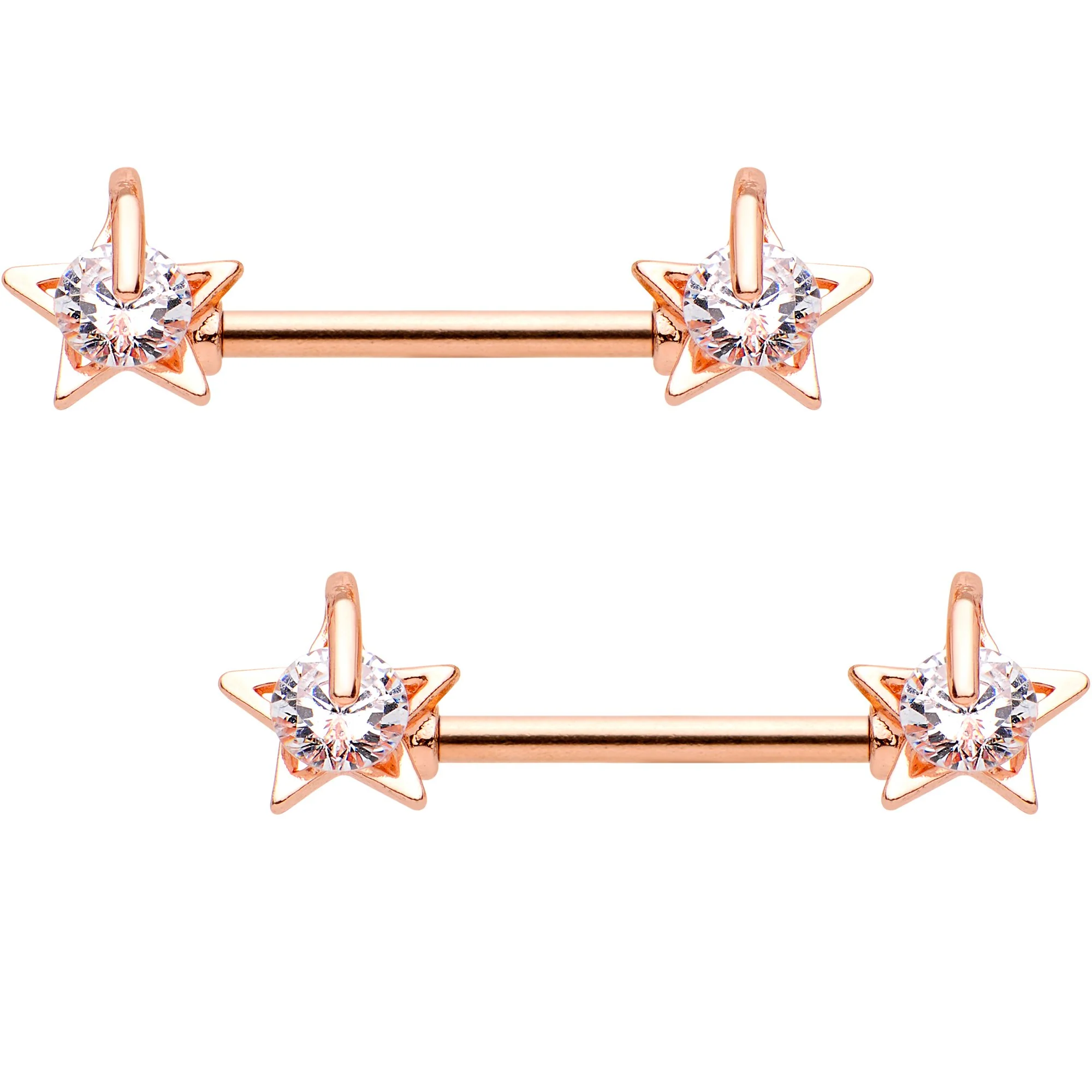 Clear CZ Gem Rose Gold Tone Sky Star Captive Barbell Nipple Ring Set - Image 2