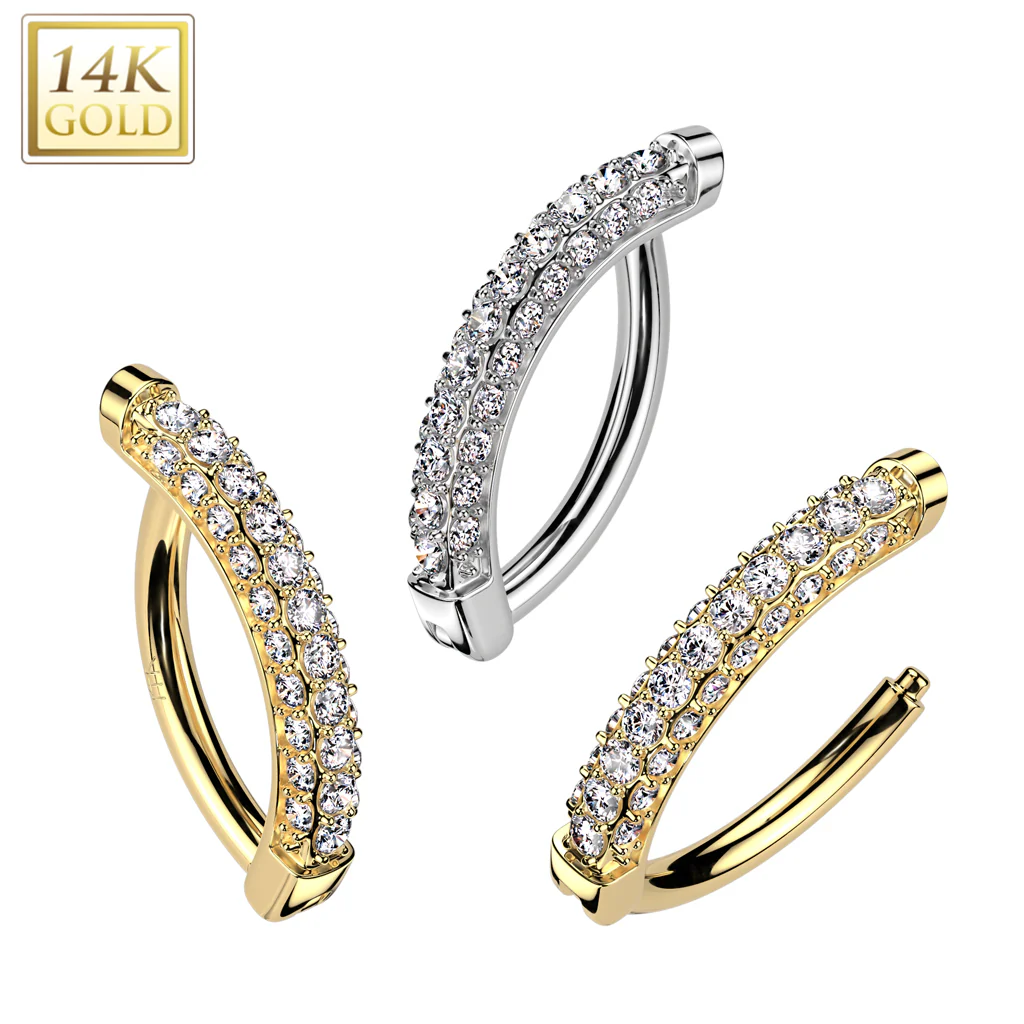 Clear CZ Gem Solid 14k Gold Triple Side Paved Clicker Hinged Hoop Belly Ring