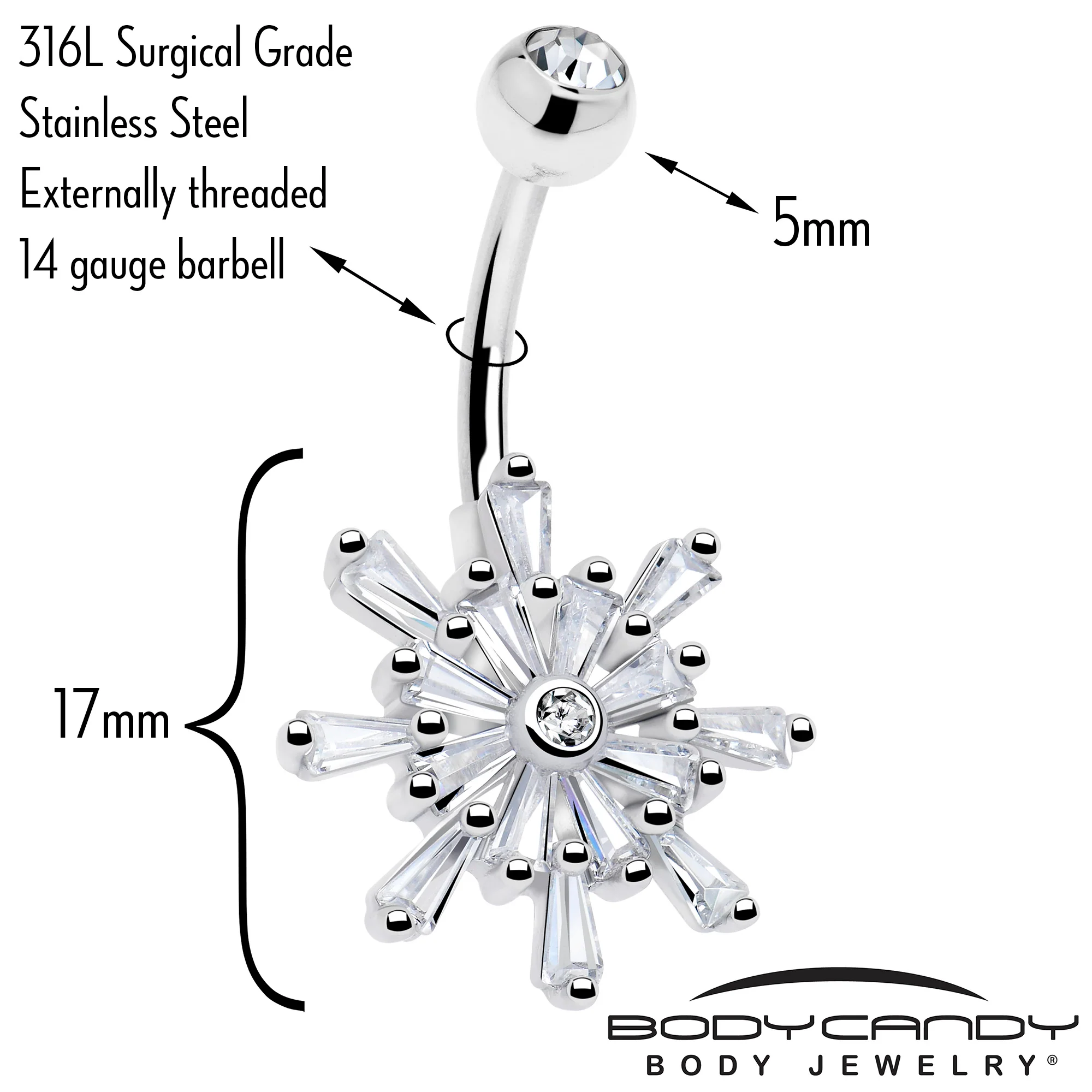 Clear CZ Gem Sparkling Snowflake Belly Ring - Image 2