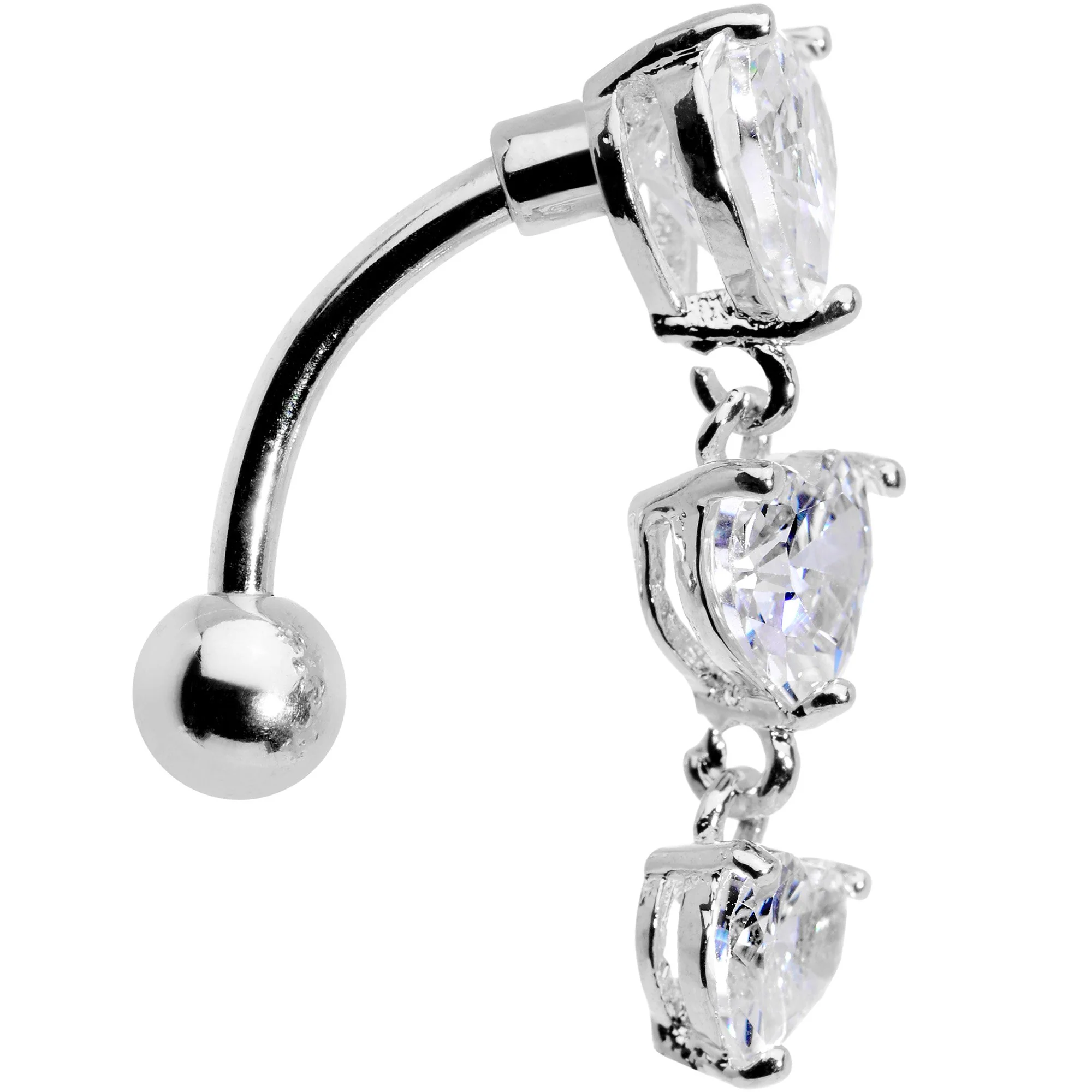 Clear CZ Gem Tri Heart Top Mount Dangle Belly Ring - Image 2