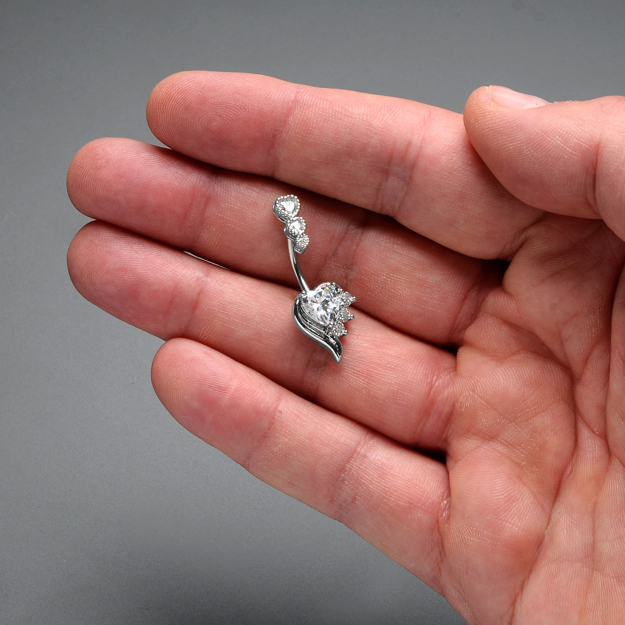 Clear CZ Gem Triple Drop Flare Heart Valentine Double Mount Belly Ring - Image 6