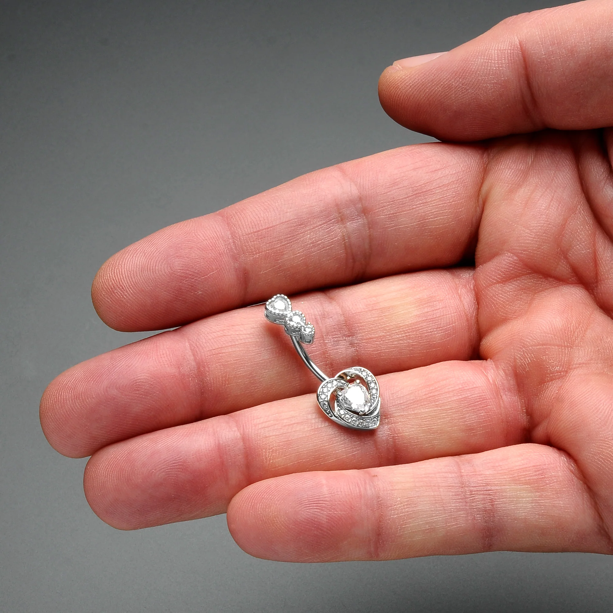 Clear CZ Gem Triple Drop Swirl Heart Valentine Double Mount Belly Ring - Image 2
