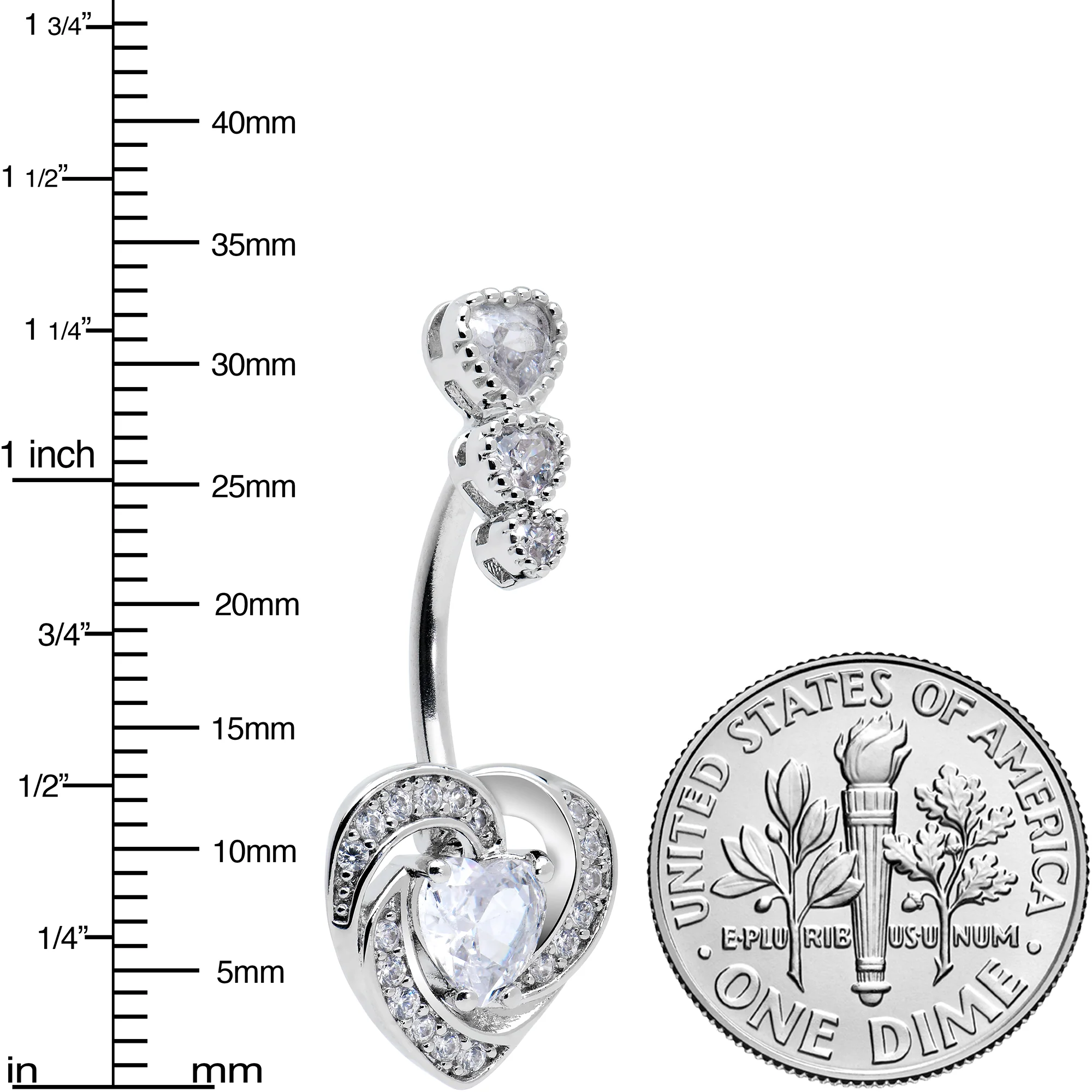 Clear CZ Gem Triple Drop Swirl Heart Valentine Double Mount Belly Ring - Image 3