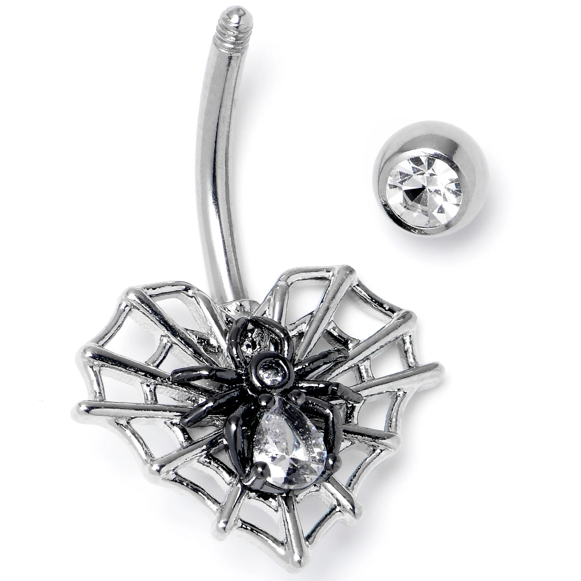 Clear CZ Gem Web Heart Black Spider Belly Ring - Image 2