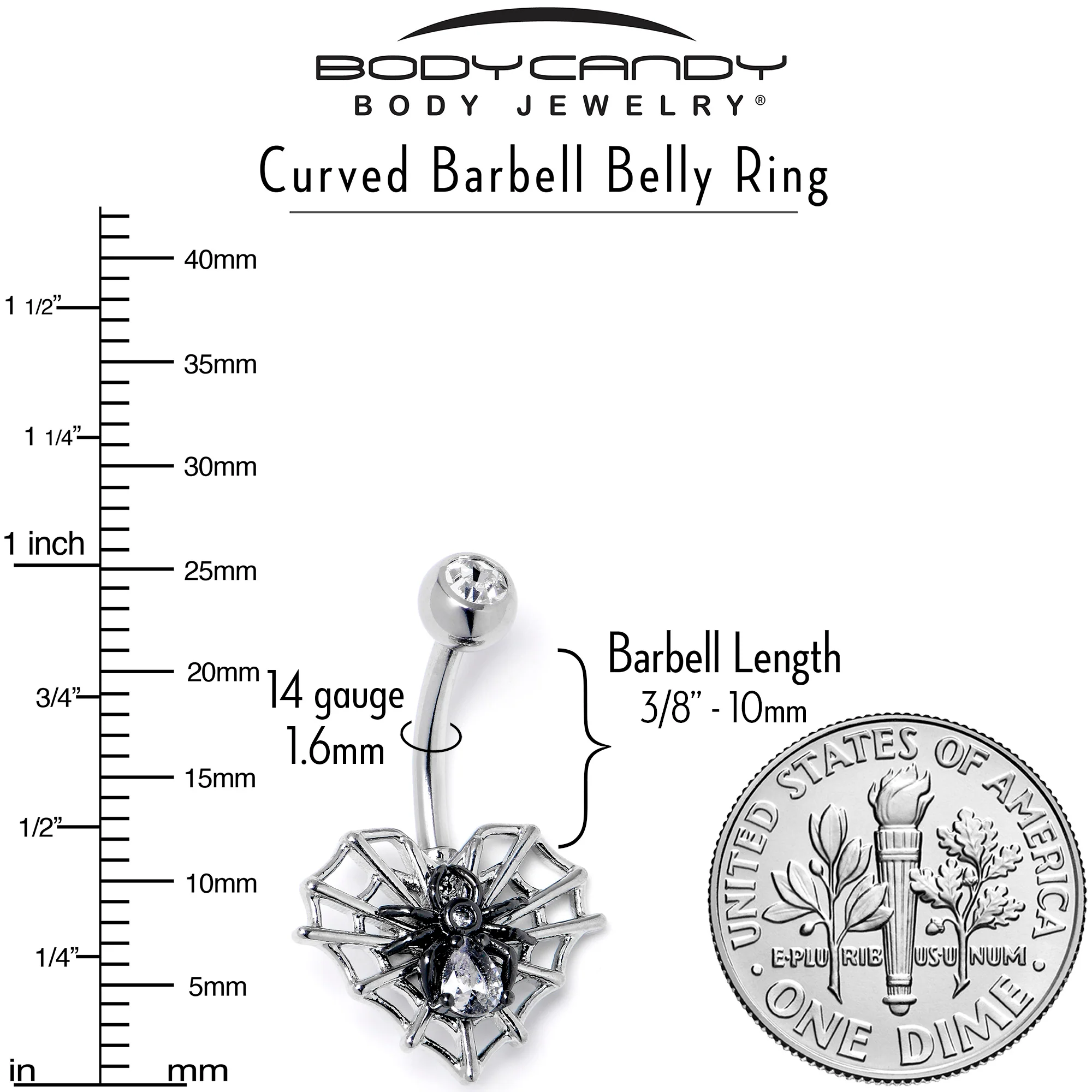 Clear CZ Gem Web Heart Black Spider Belly Ring - Image 4