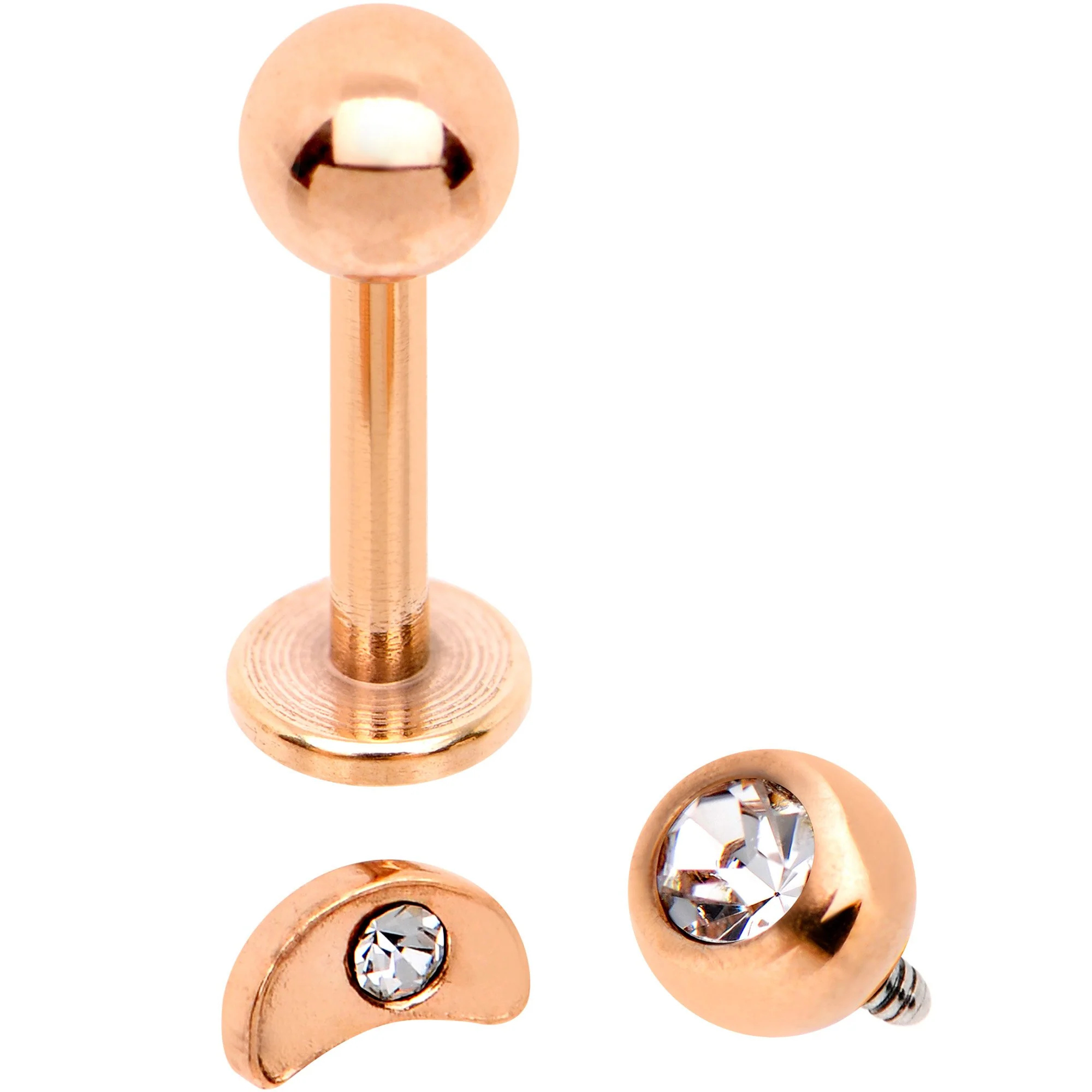 Clear CZ Rose Gold PVD Moon Internally Threaded Labret Set of 3 Ends - Image 3