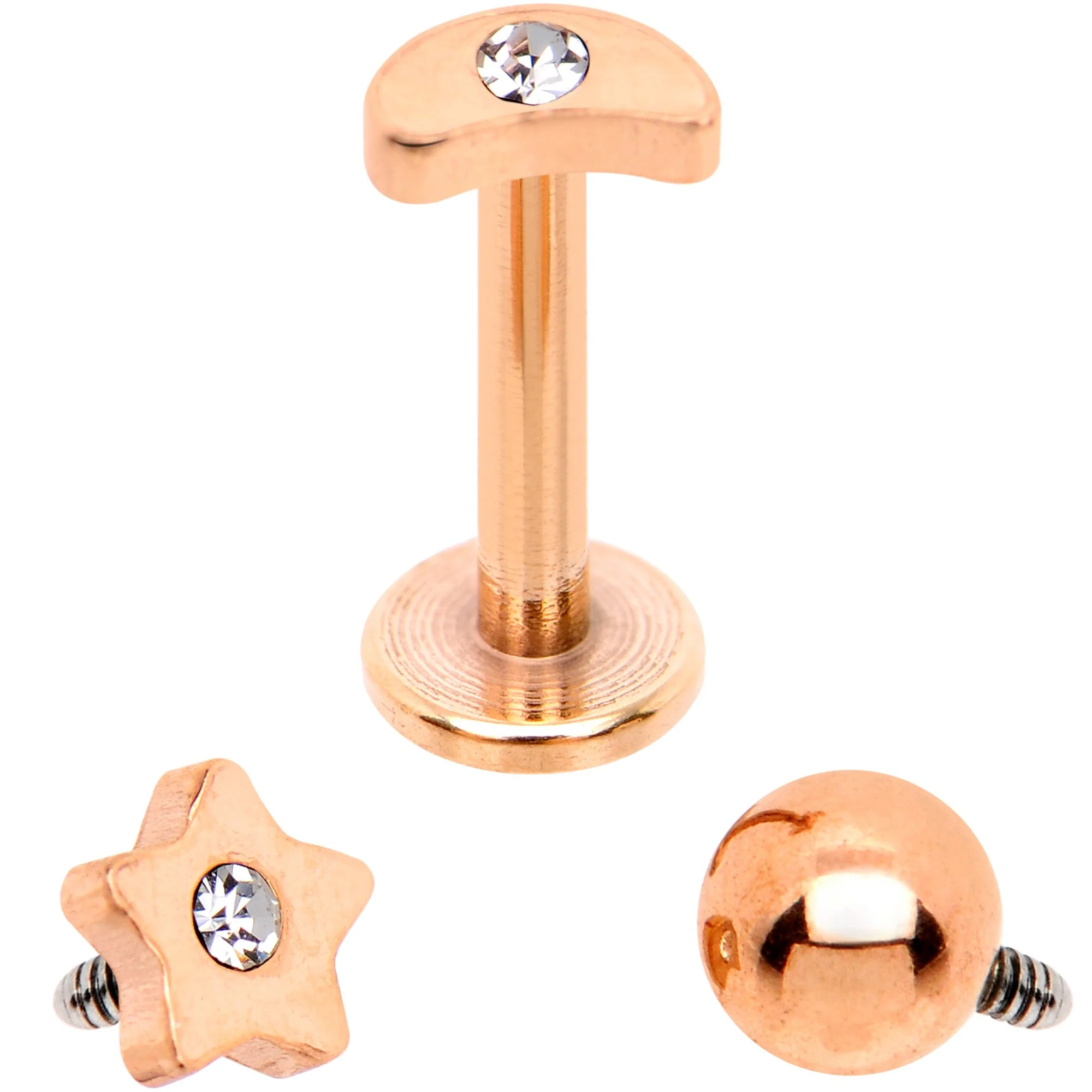 Clear CZ Rose Gold PVD Star Internally Threaded Labret Set of 3 Ends - Image 2
