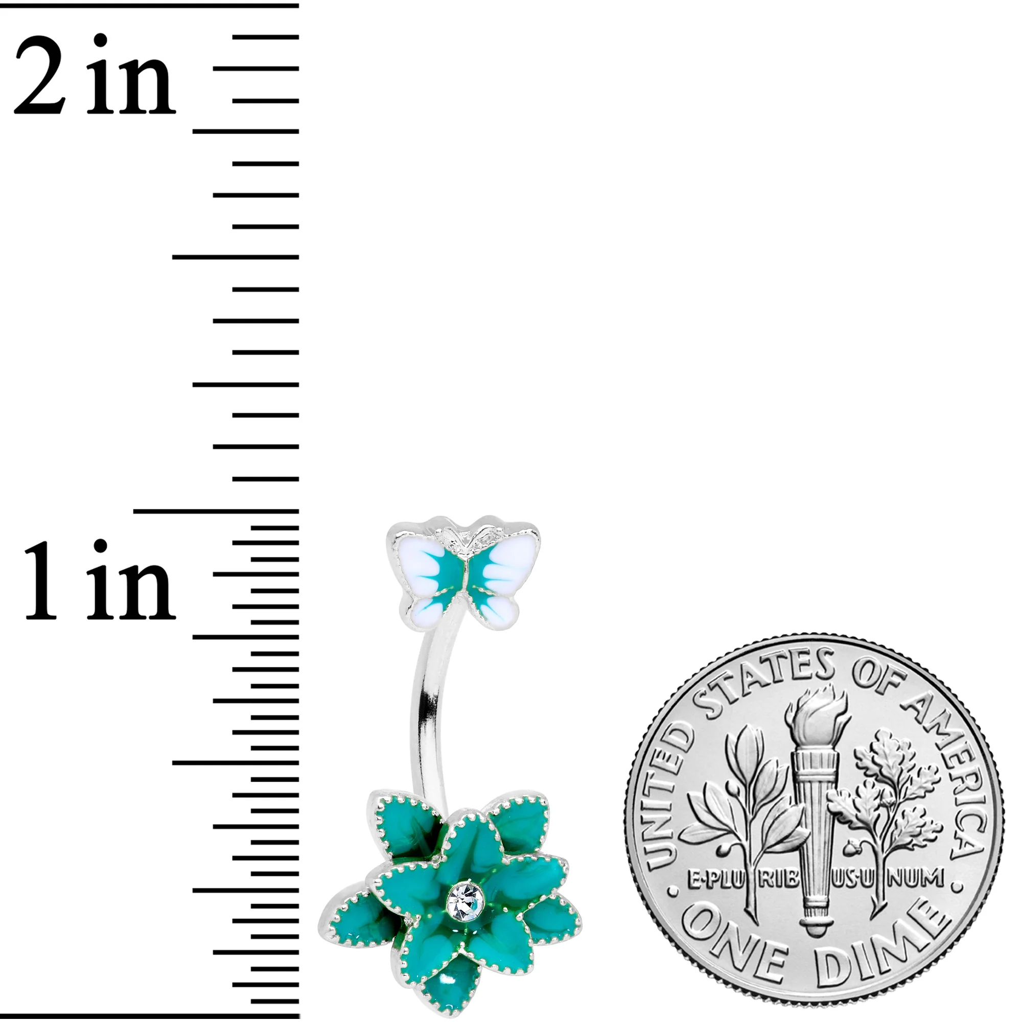 Clear Gem Aqua Flower Butterfly Double Mount Belly Ring - Image 3