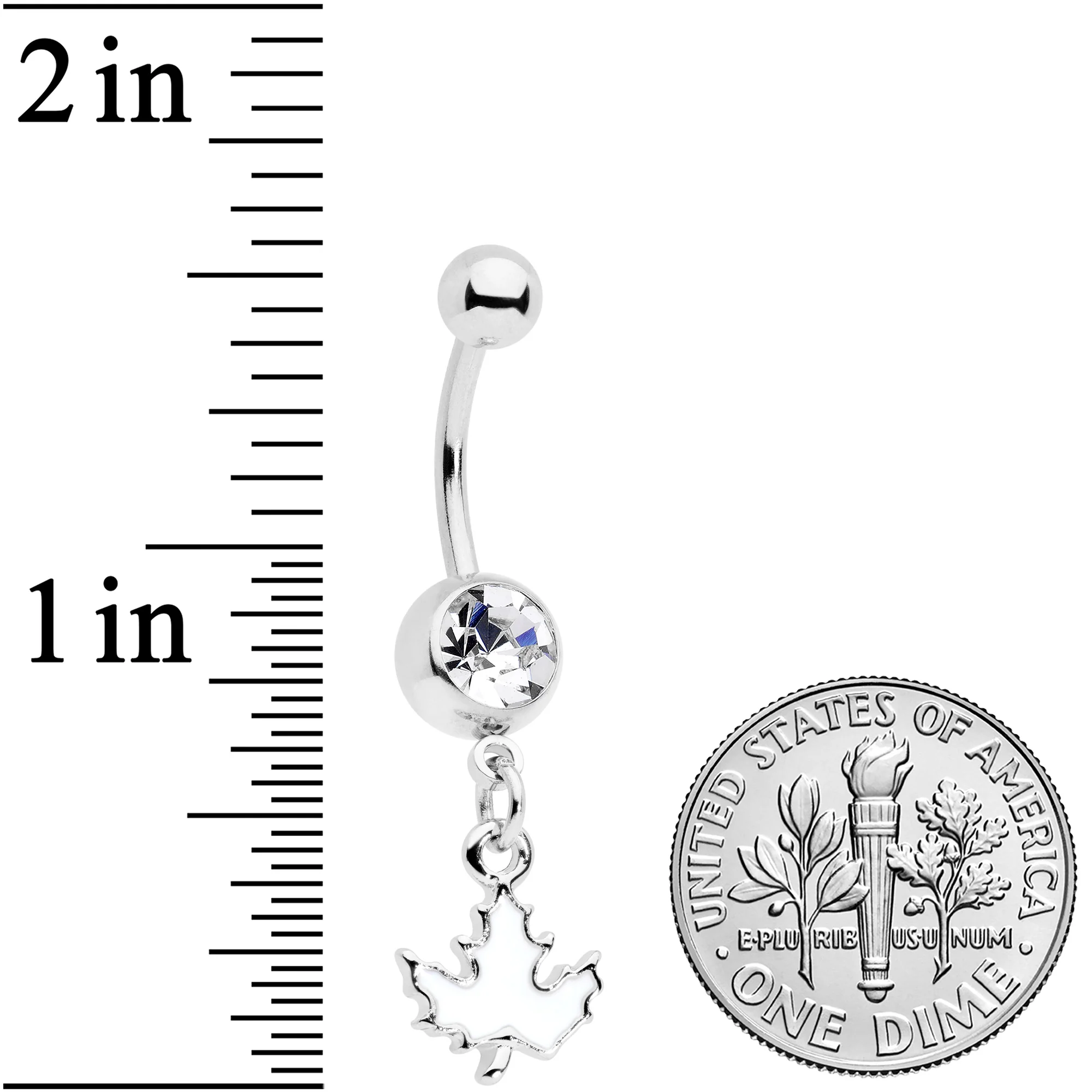Clear Gem Autumn White Maple Leaf Dangle Belly Ring - Image 2