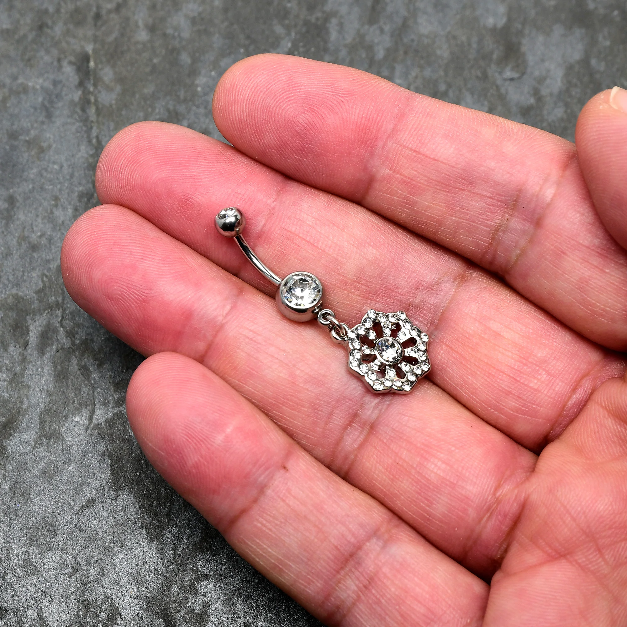 Clear Gem Baroque Fabulous Flower Dangle Belly Ring - Image 2