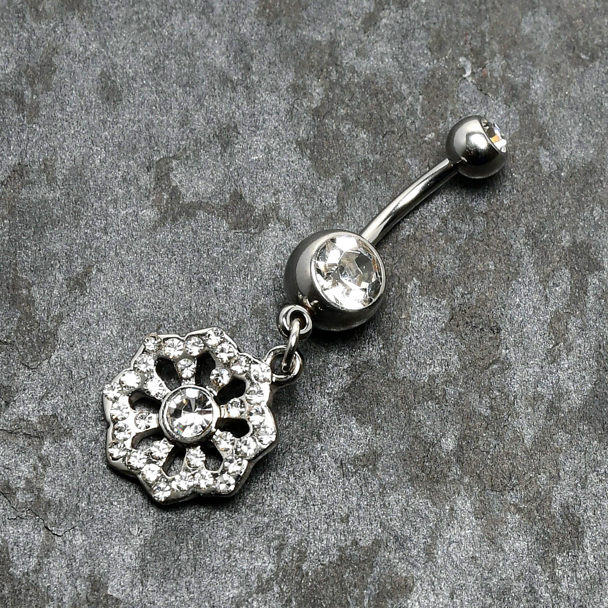 Clear Gem Baroque Fabulous Flower Dangle Belly Ring - Image 6