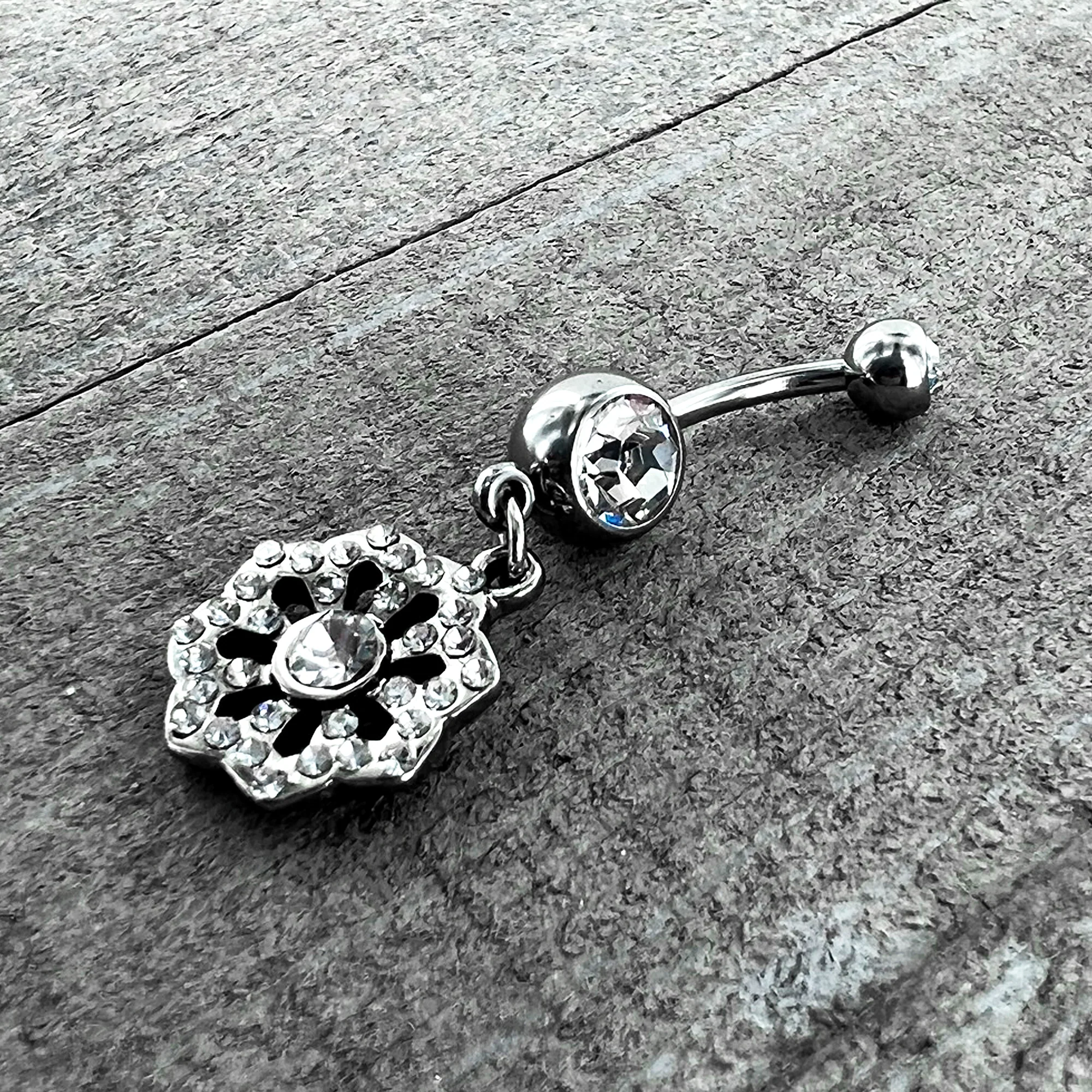 Clear Gem Baroque Fabulous Flower Dangle Belly Ring - Image 7